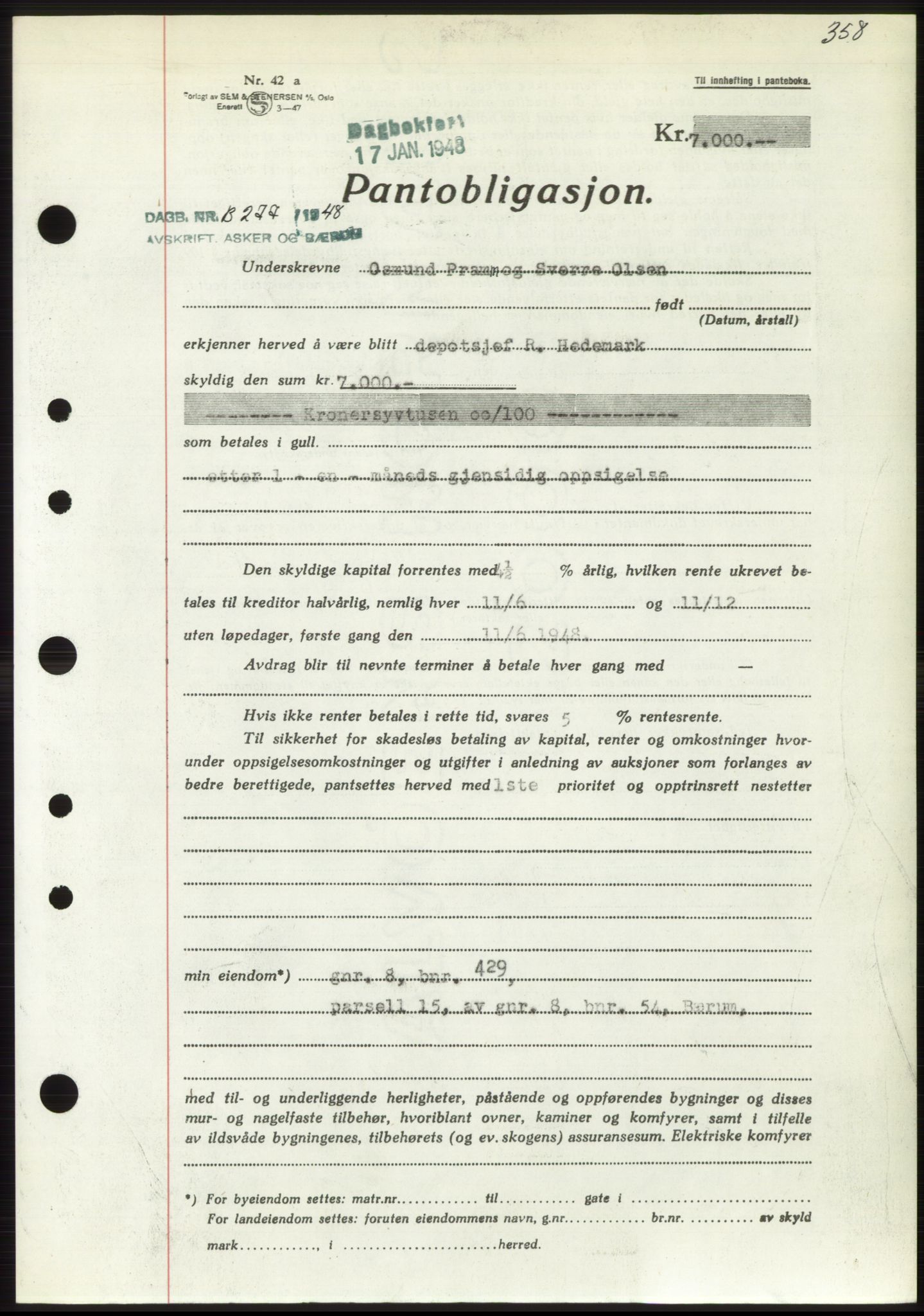 Aker herredsskriveri, AV/SAO-A-10896/G/Gb/Gbb/Gbbc/L0019: Mortgage book no. B85, 1947-1948, Diary no: : 277/1948