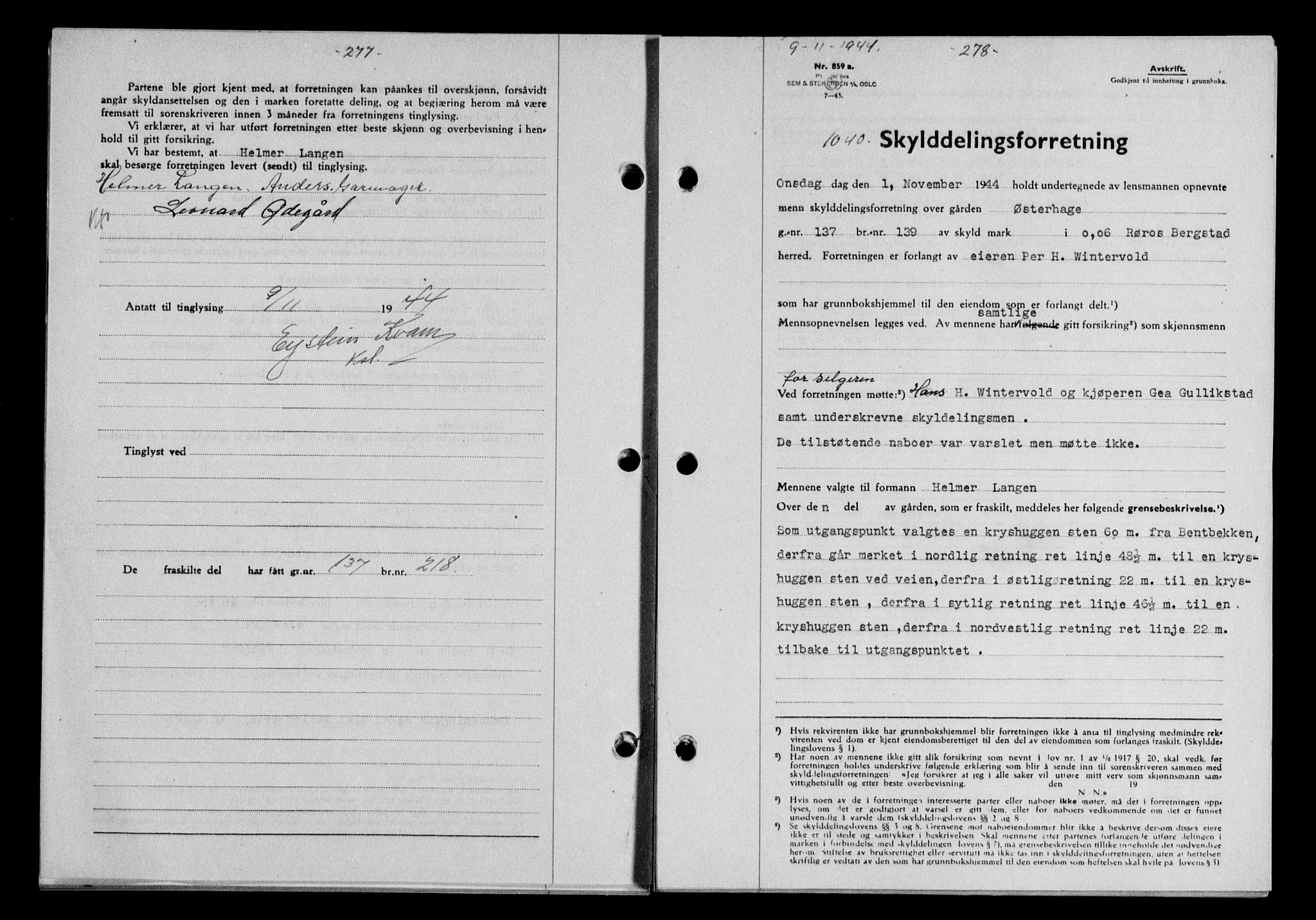 Gauldal sorenskriveri, SAT/A-0014/1/2/2C/L0058: Mortgage book no. 63, 1944-1945, Diary no: : 1040/1944