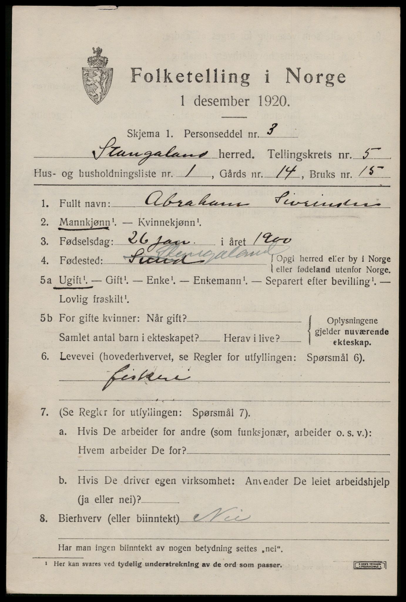 SAST, 1920 census for Stangaland, 1920, p. 3673