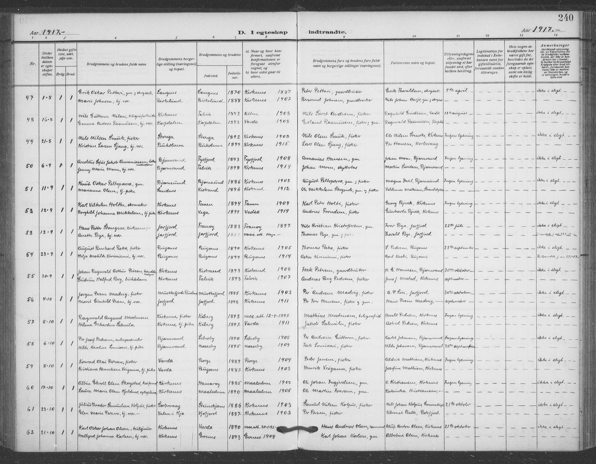 Sør-Varanger sokneprestkontor, AV/SATØ-S-1331/H/Ha/L0005kirke: Parish register (official) no. 5, 1909-1919, p. 240