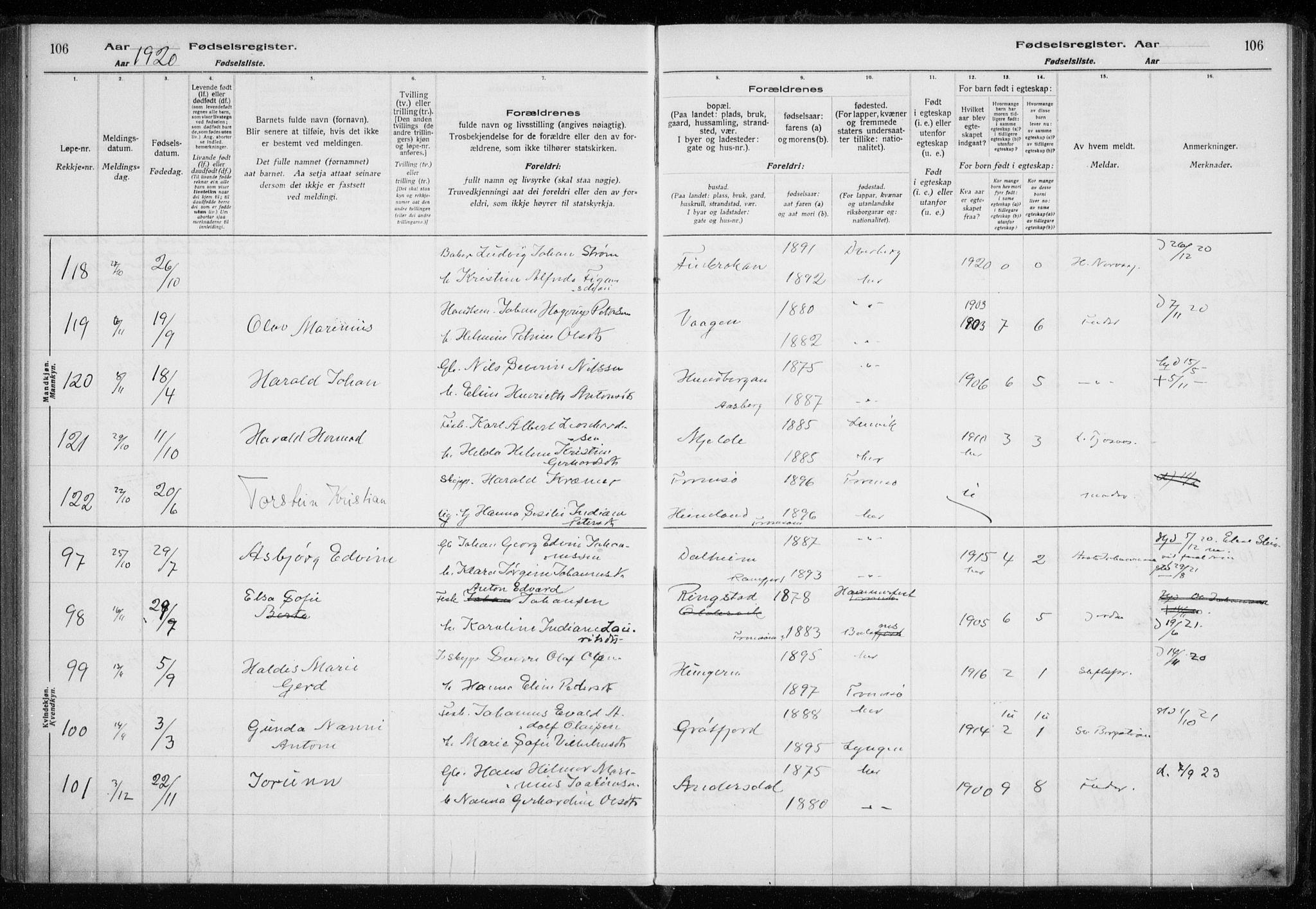 Tromsøysund sokneprestkontor, AV/SATØ-S-1304/H/Ha/L0079: Birth register no. 79, 1916-1924, p. 106