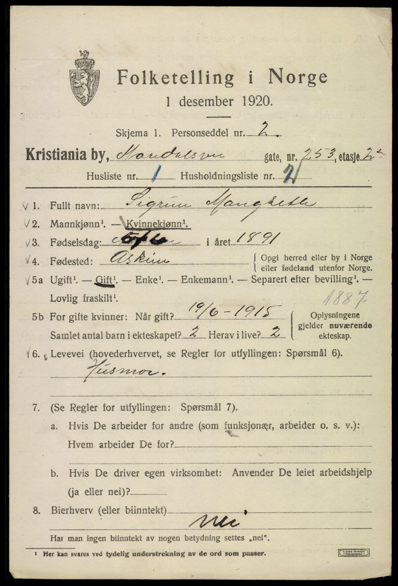 SAO, 1920 census for Kristiania, 1920, p. 384465