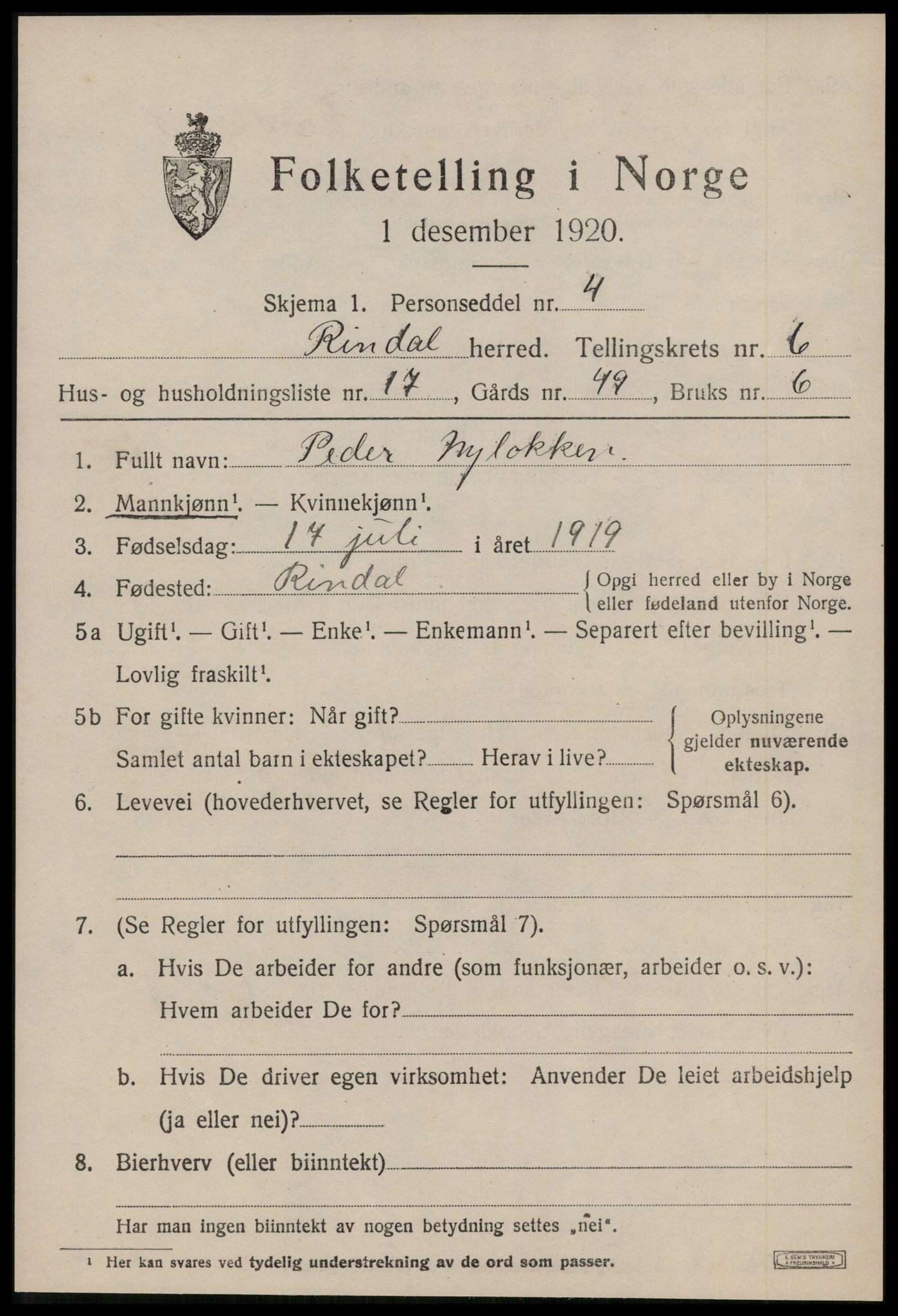 SAT, 1920 census for Rindal, 1920, p. 3528