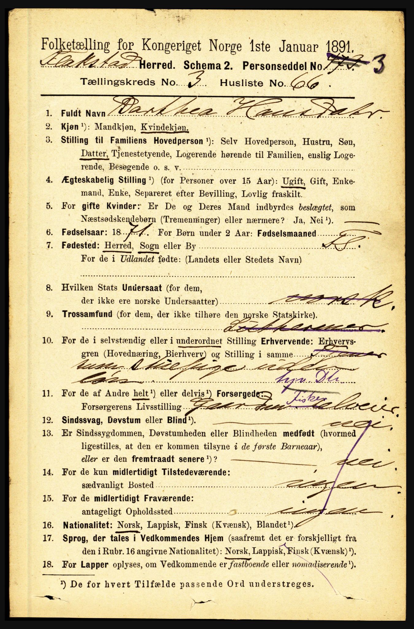 RA, 1891 census for 1859 Flakstad, 1891, p. 1779