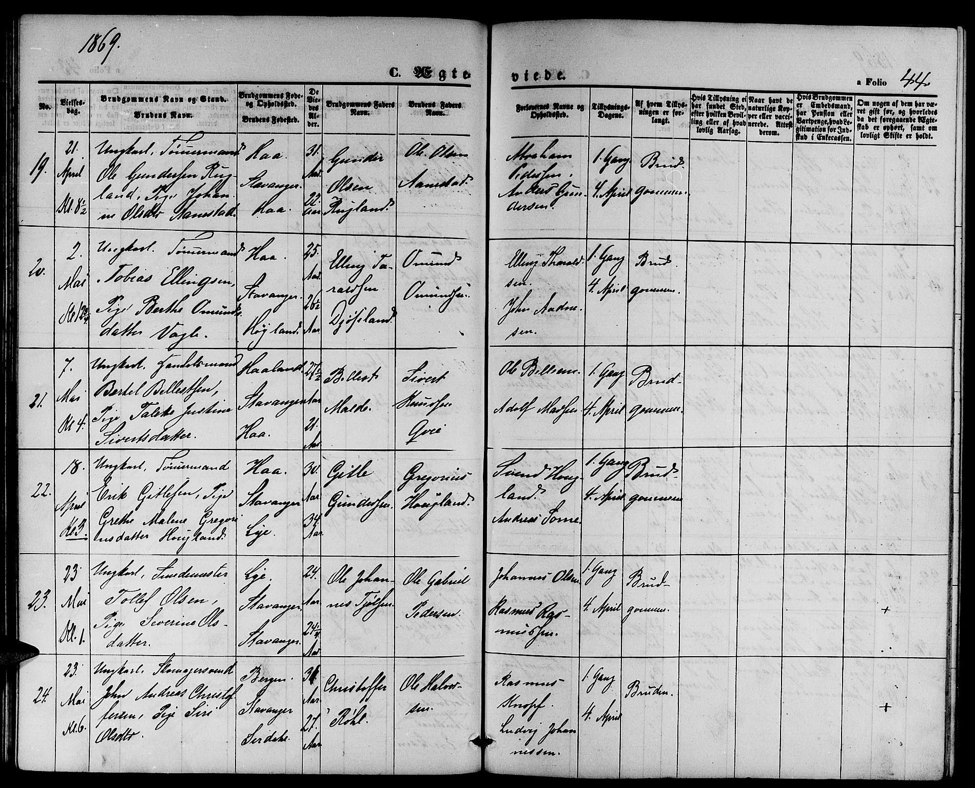 St. Petri sokneprestkontor, AV/SAST-A-101813/001/30/30BB/L0002: Parish register (copy) no. B 2, 1865-1885, p. 44