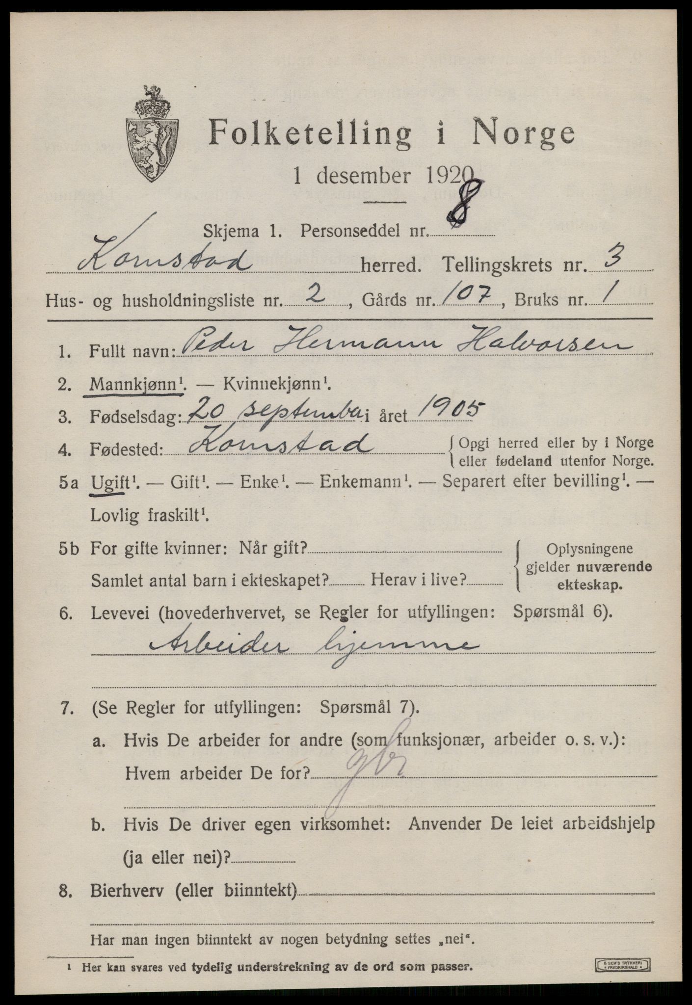 SAT, 1920 census for Kornstad, 1920, p. 1933