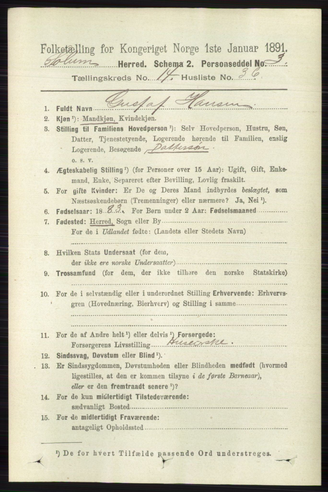 RA, 1891 census for 0818 Solum, 1891, p. 6609