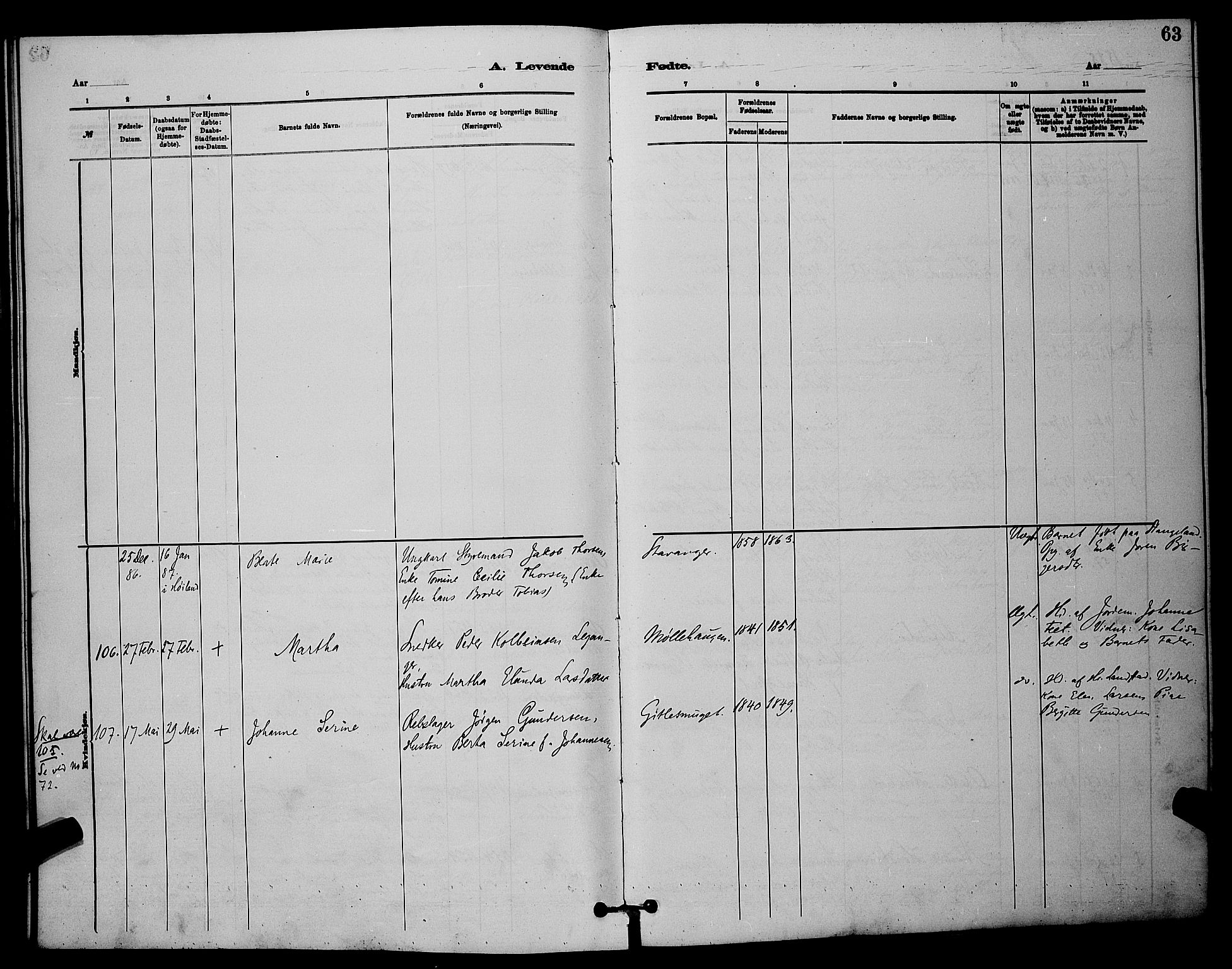 St. Johannes sokneprestkontor, AV/SAST-A-101814/001/30/30BB/L0001: Parish register (copy) no. B 1, 1885-1897, p. 63