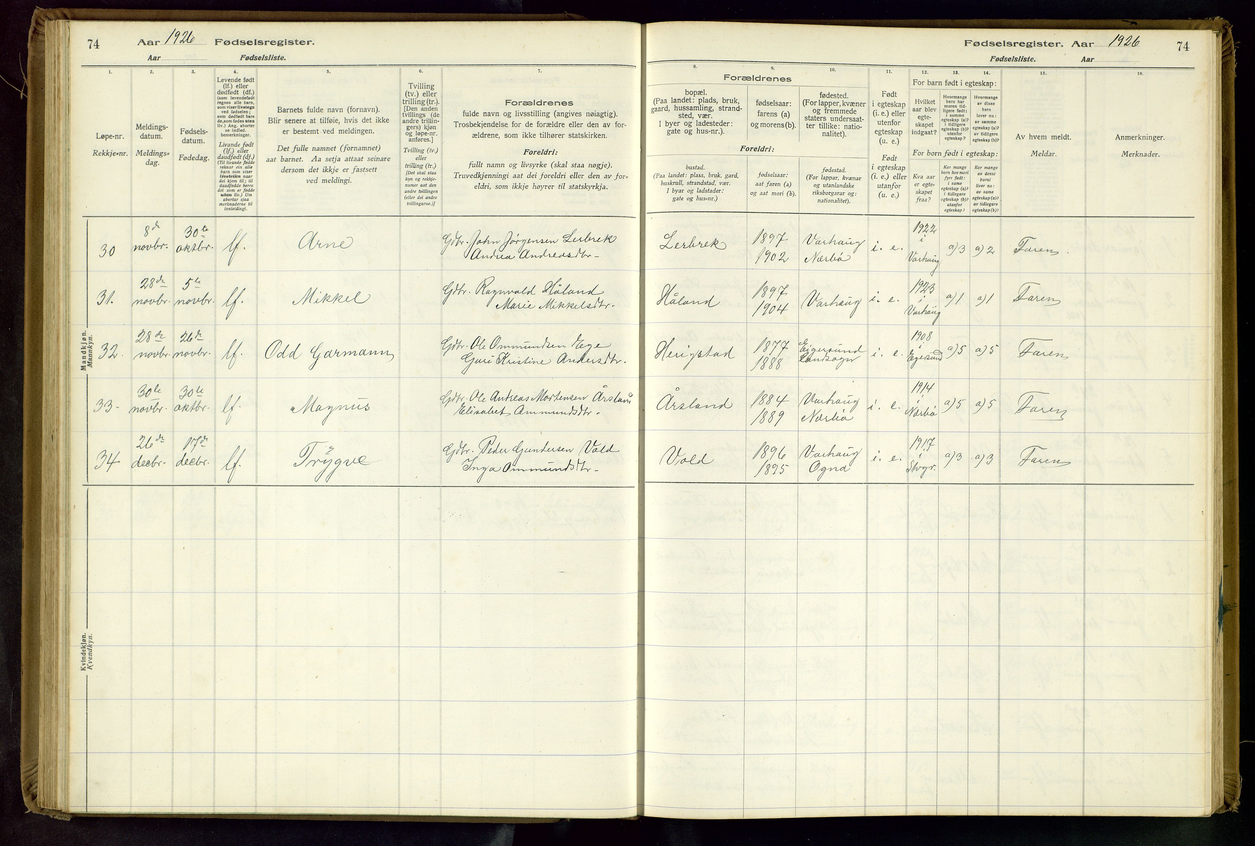 Hå sokneprestkontor, AV/SAST-A-101801/001/704BA/L0001: Birth register no. 1, 1916-1944, p. 74