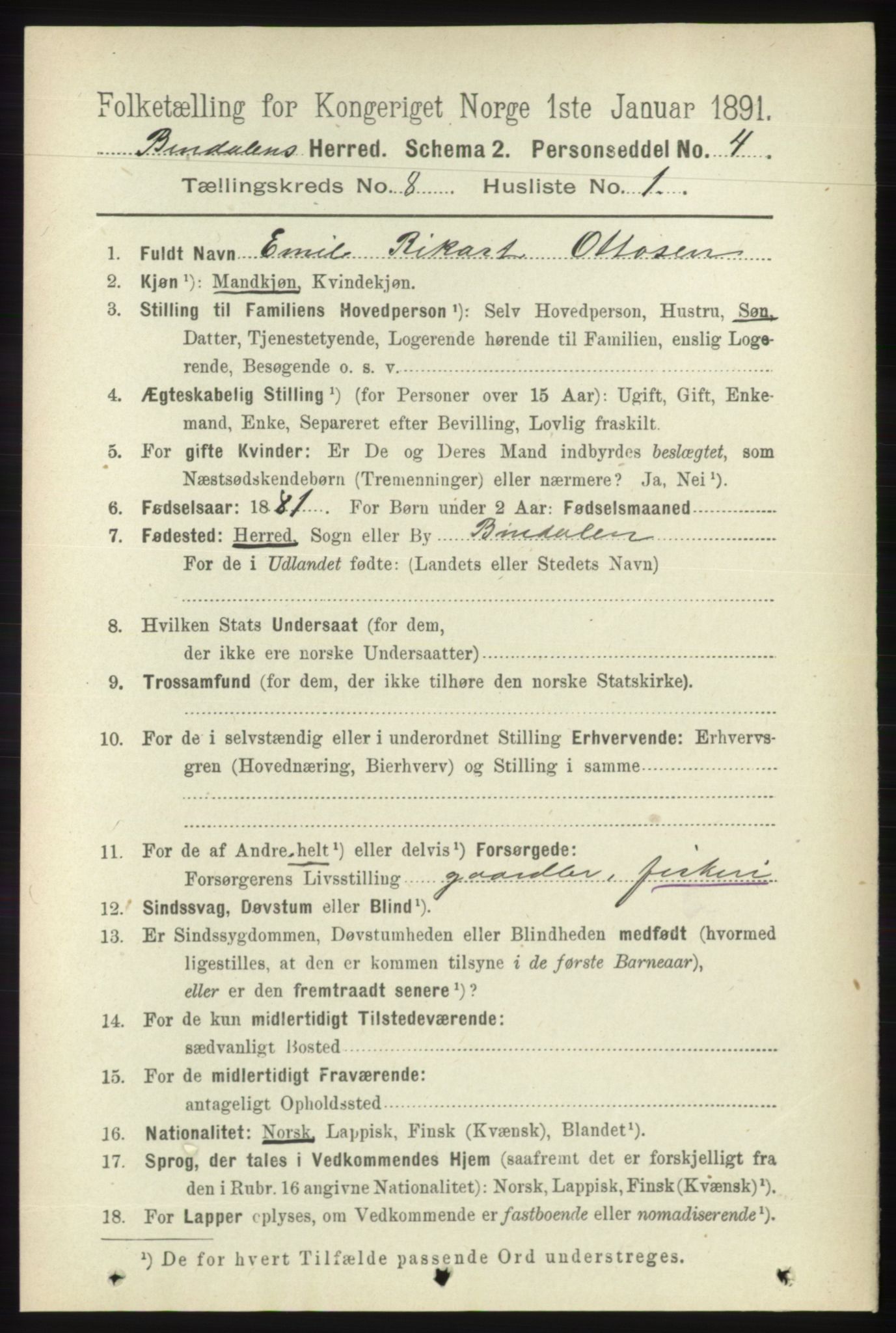 RA, 1891 census for 1811 Bindal, 1891, p. 2613