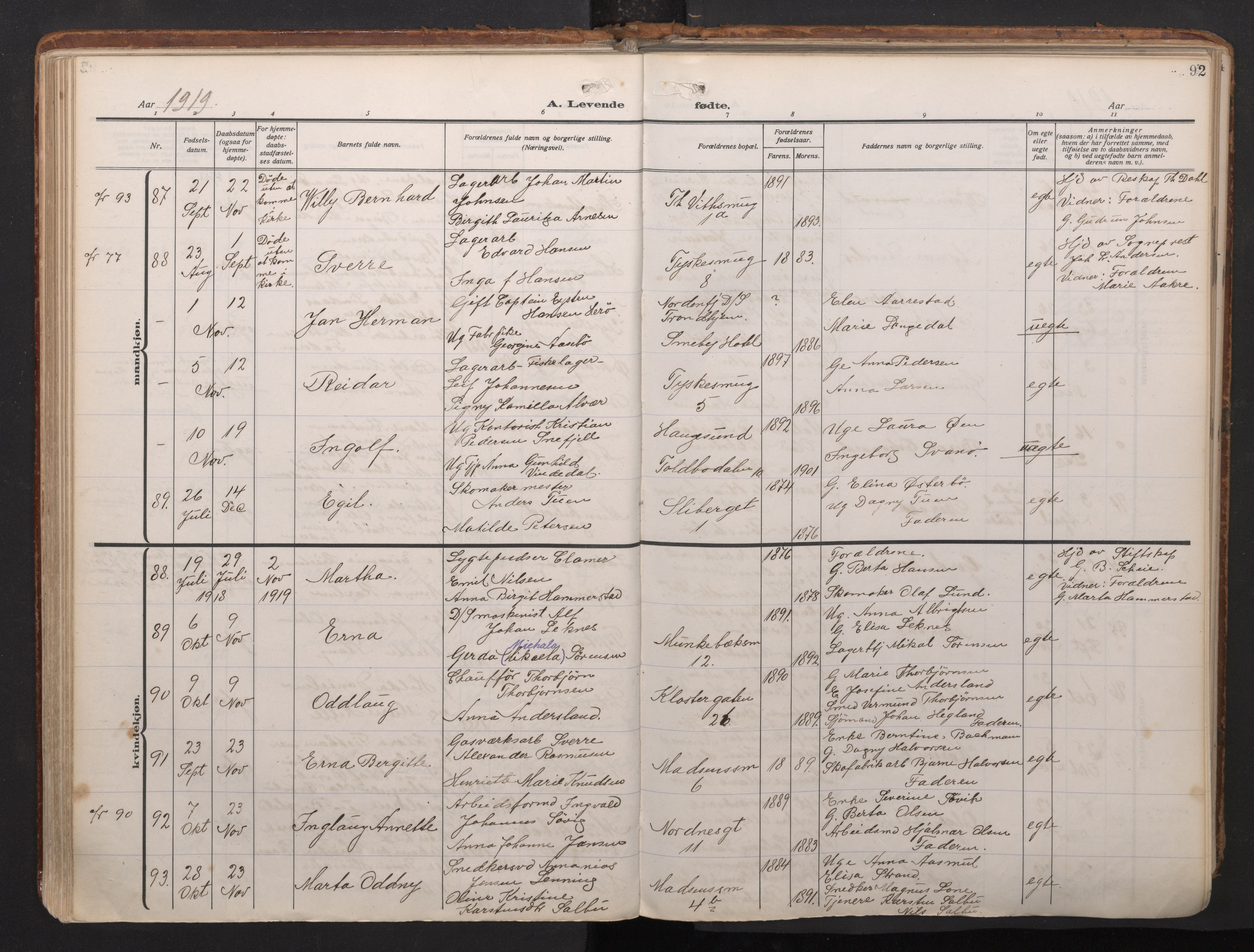 Nykirken Sokneprestembete, AV/SAB-A-77101/H/Haa/L0020: Parish register (official) no. B 8, 1916-1933, p. 91b-92a