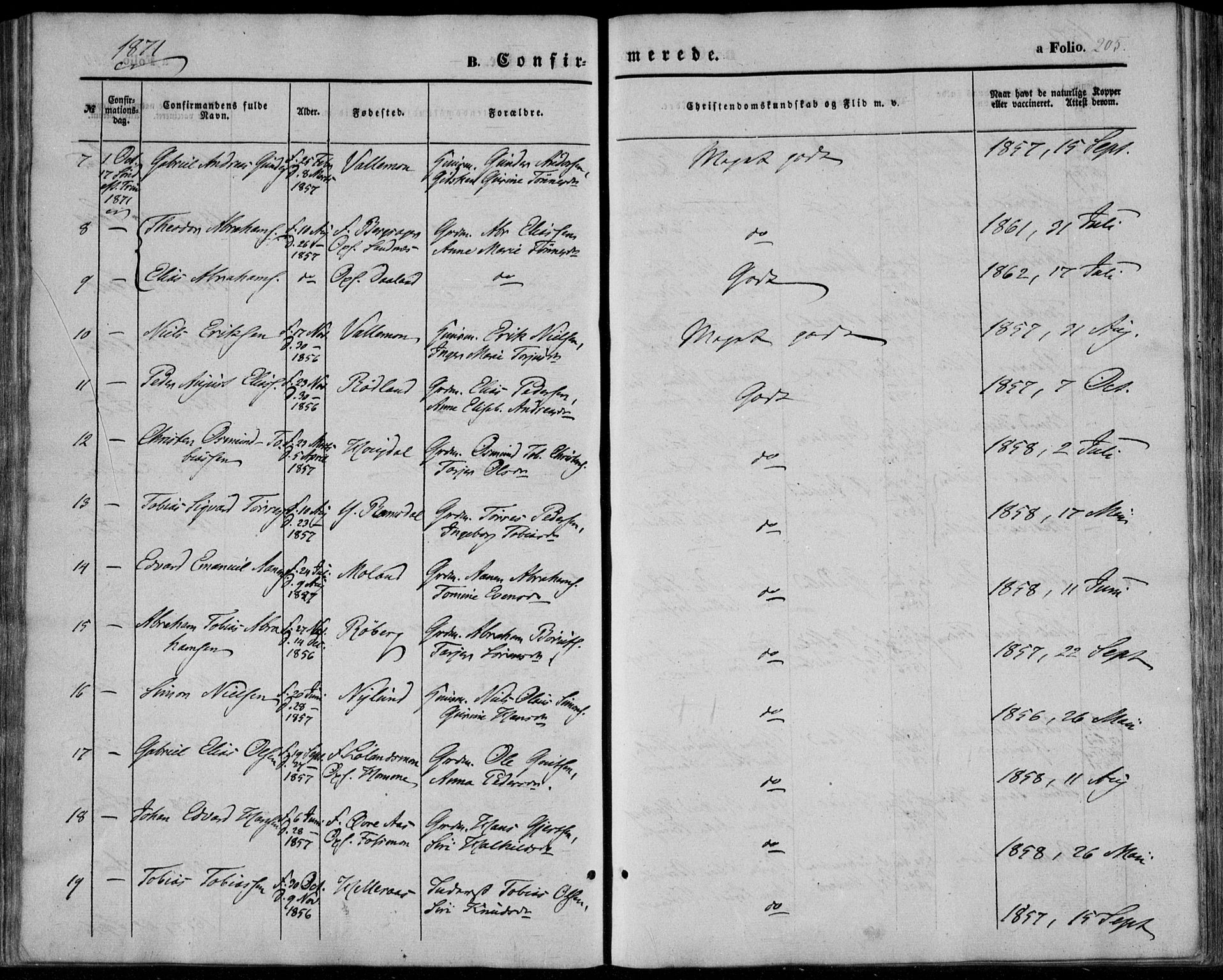 Sør-Audnedal sokneprestkontor, AV/SAK-1111-0039/F/Fa/Fab/L0007: Parish register (official) no. A 7, 1855-1876, p. 205