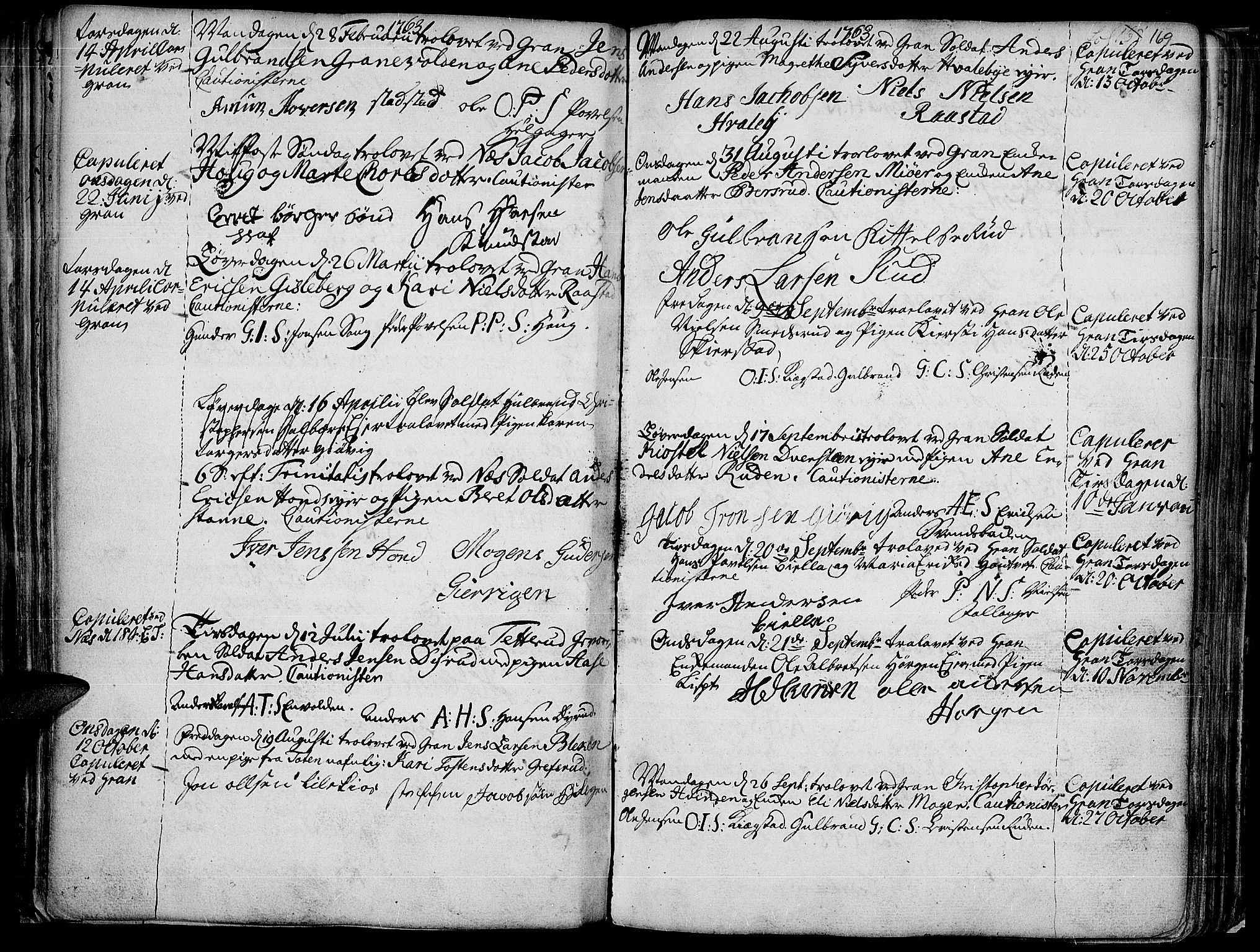 Gran prestekontor, AV/SAH-PREST-112/H/Ha/Haa/L0004: Parish register (official) no. 4, 1759-1775, p. 169