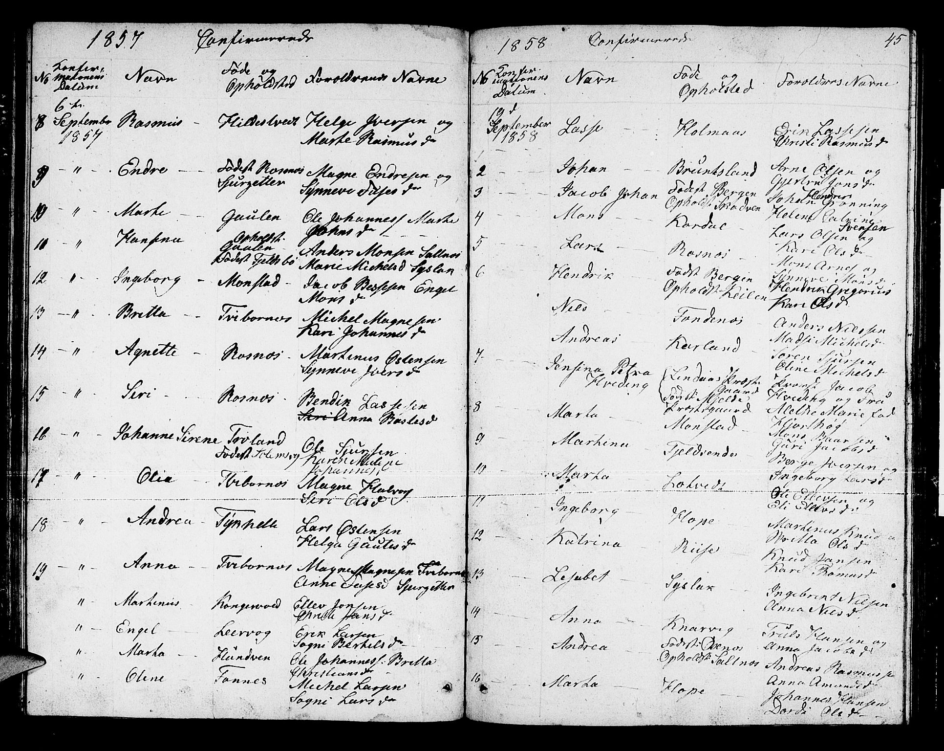 Lindås Sokneprestembete, SAB/A-76701/H/Hab: Parish register (copy) no. B 1, 1853-1866, p. 45