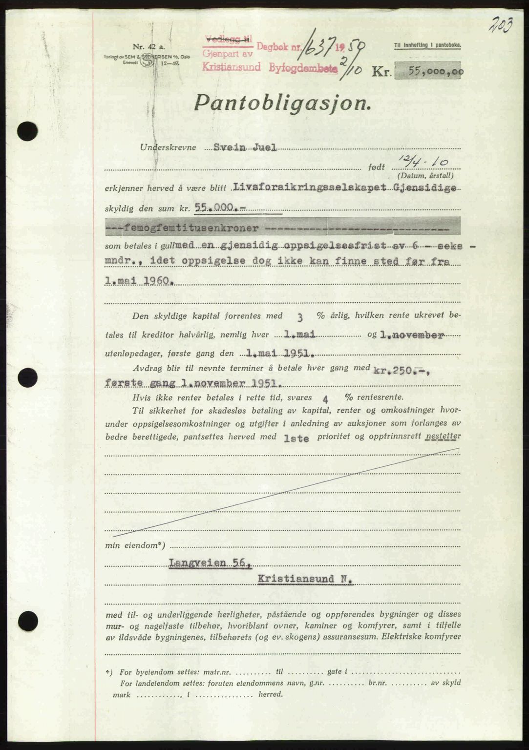 Kristiansund byfogd, AV/SAT-A-4587/A/27: Mortgage book no. 50, 1950-1950, Diary no: : 1637/1950