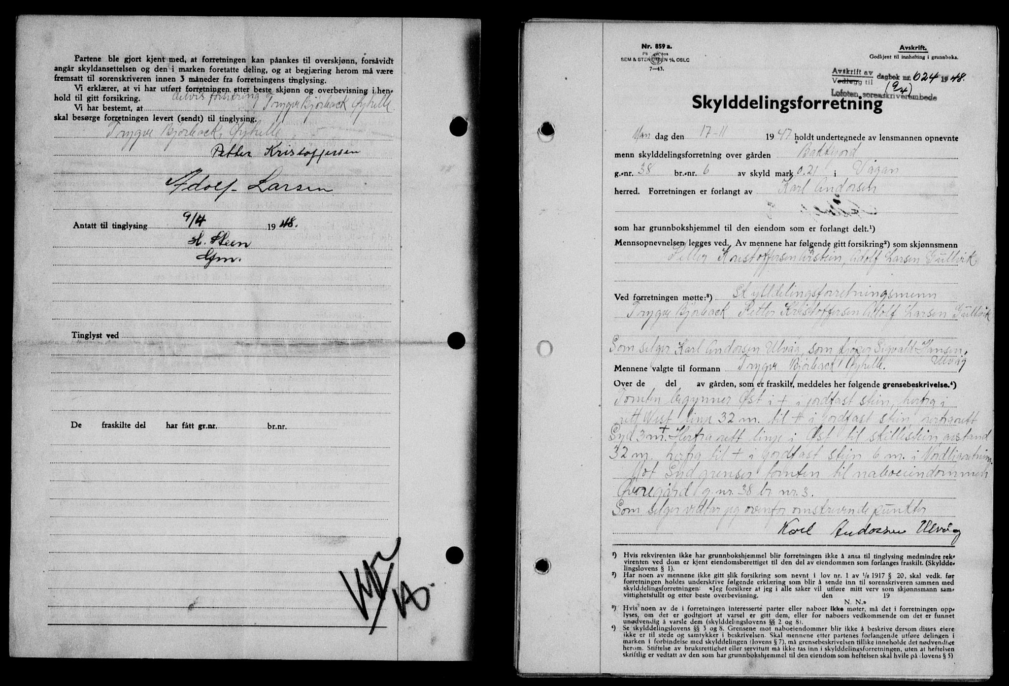 Lofoten sorenskriveri, SAT/A-0017/1/2/2C/L0018a: Mortgage book no. 18a, 1948-1948, Diary no: : 624/1948