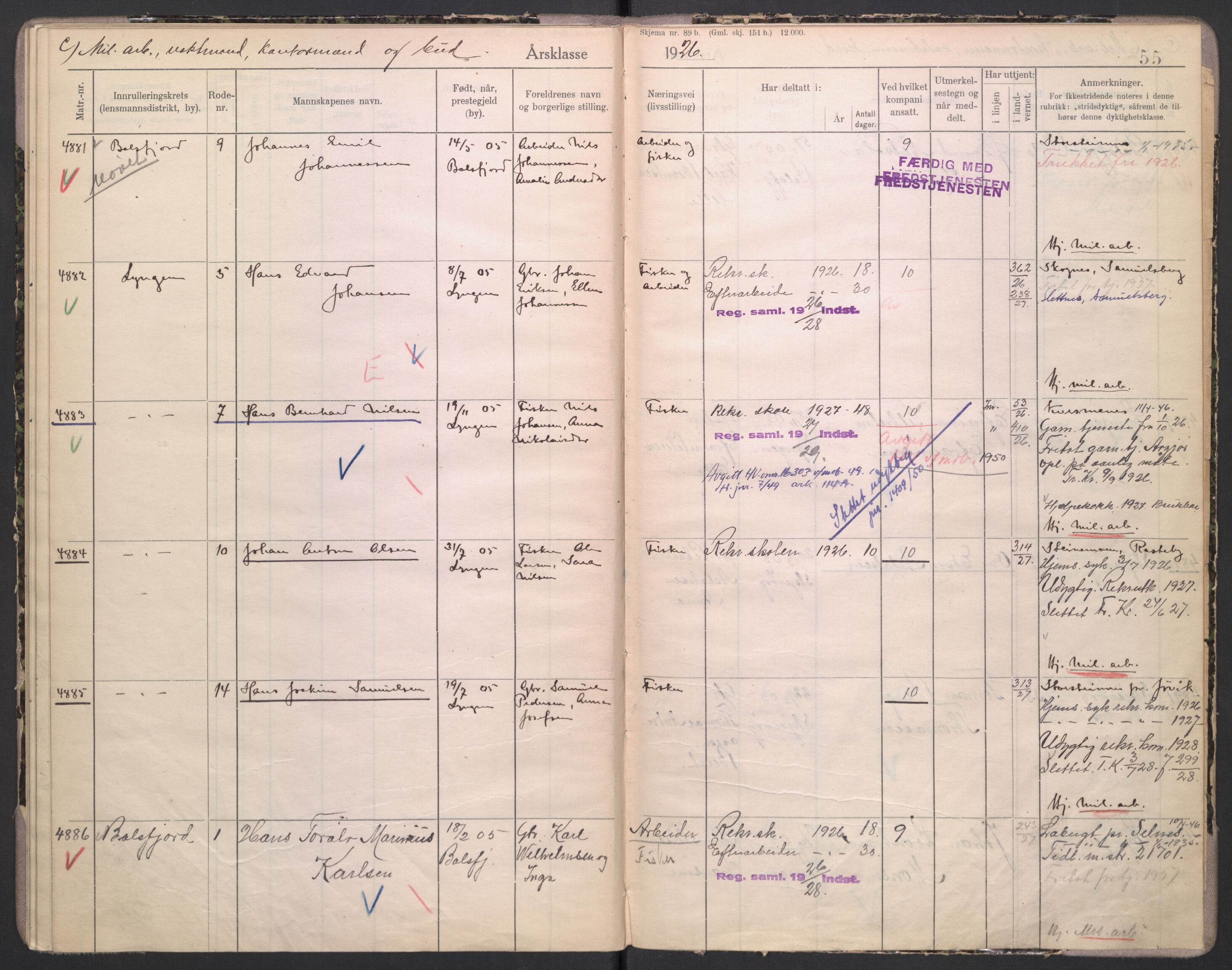 Forsvaret, Troms infanteriregiment nr. 16, AV/RA-RAFA-3146/P/Pa/L0004/0002: Ruller / Rulle for Lyngen bataljons menige mannskaper, årsklasse 1926, 1926, p. 55