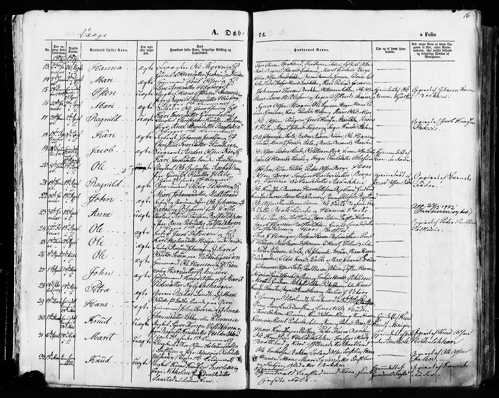 Vågå prestekontor, AV/SAH-PREST-076/H/Ha/Haa/L0007: Parish register (official) no. 7 /1, 1872-1886, p. 16