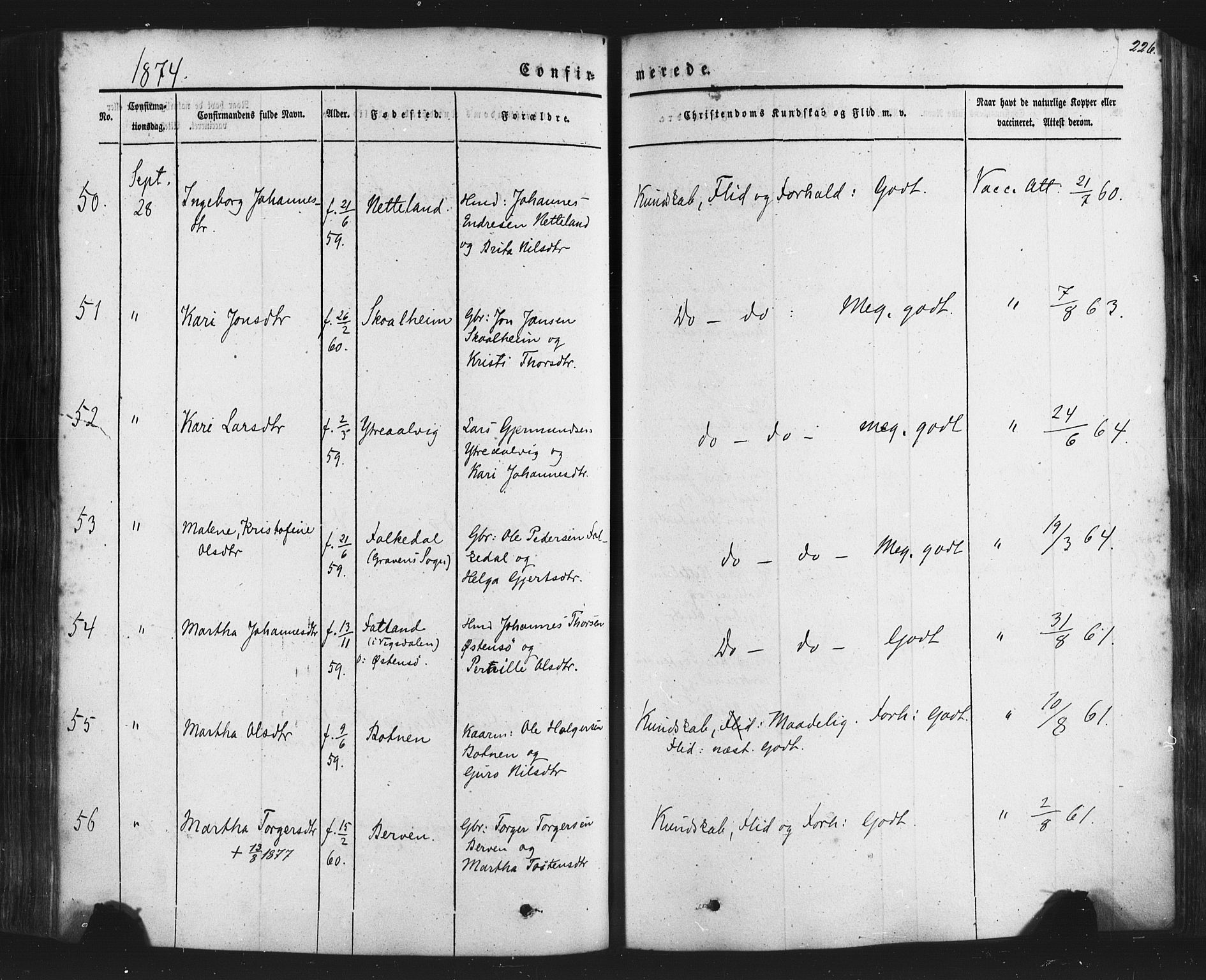 Kvam sokneprestembete, SAB/A-76201/H/Haa: Parish register (official) no. A 9, 1864-1879, p. 226