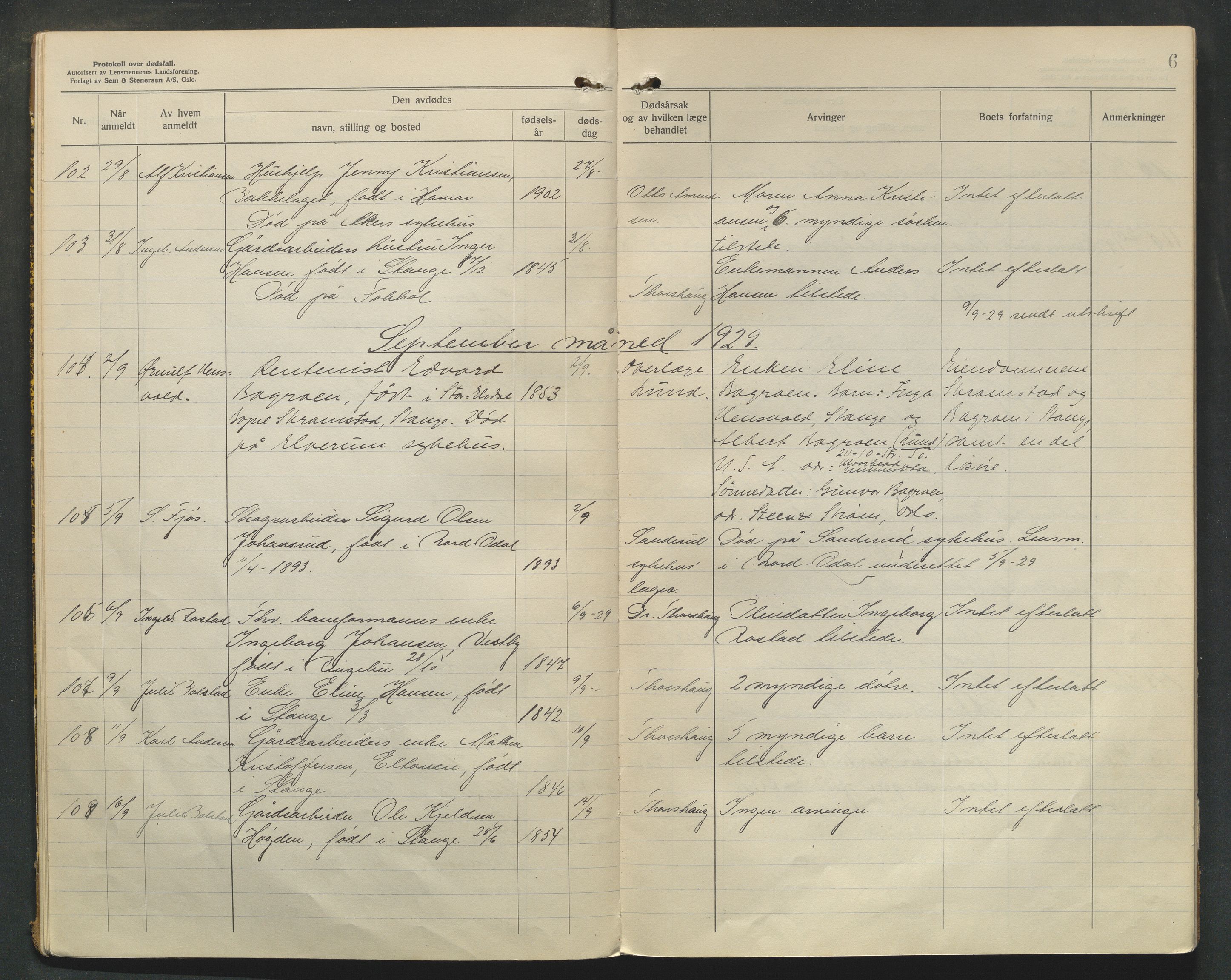 Stange lensmannskontor, AV/SAH-LHS-020/H/Ha/Haa/L0002/0001: Dødsfallsprotokoller / Dødsfallsprotokoll, 1929-1933, p. 6