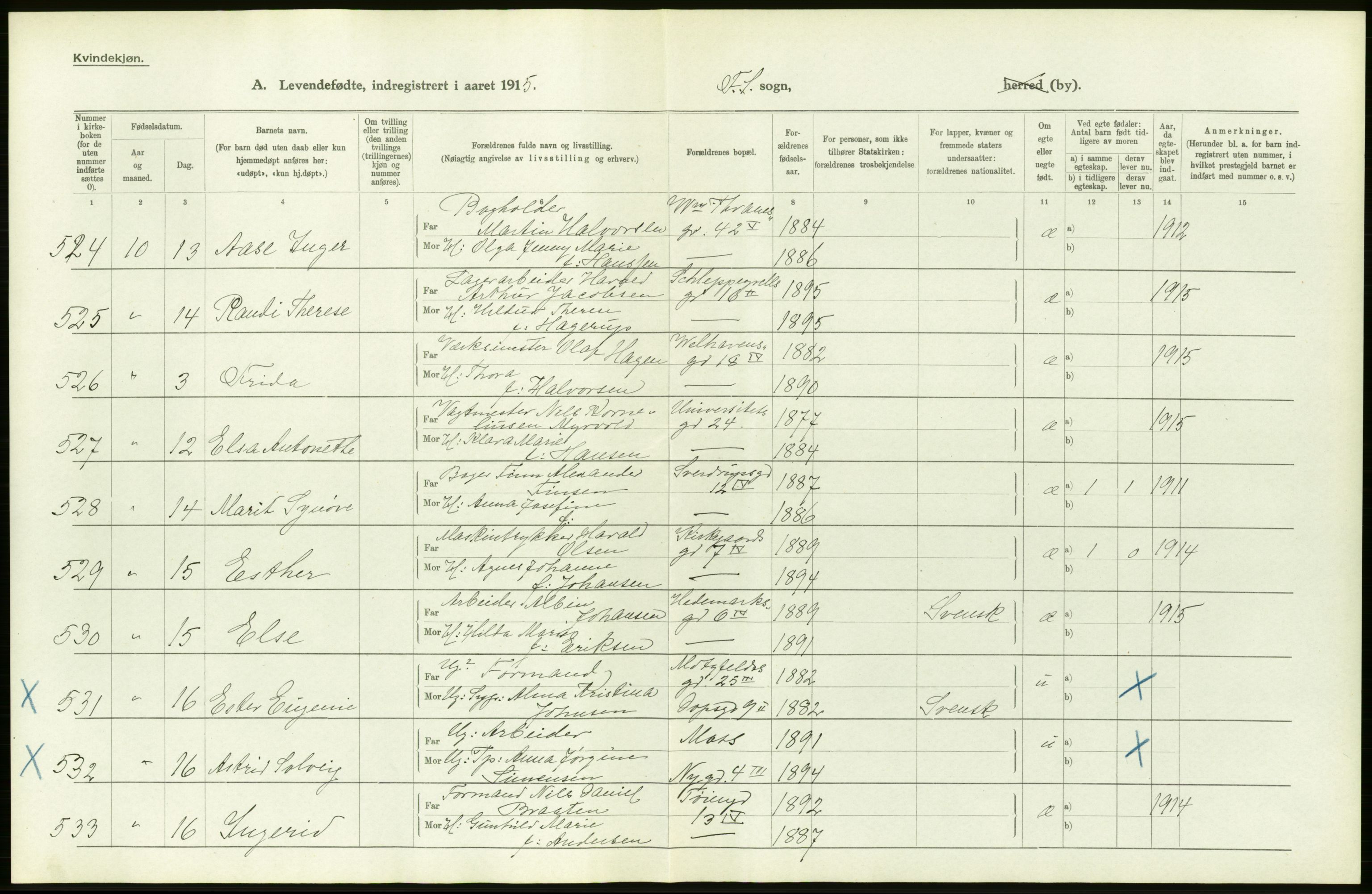 Statistisk sentralbyrå, Sosiodemografiske emner, Befolkning, AV/RA-S-2228/D/Df/Dfb/Dfbe/L0007: Kristiania: Levendefødte menn og kvinner., 1915, p. 28