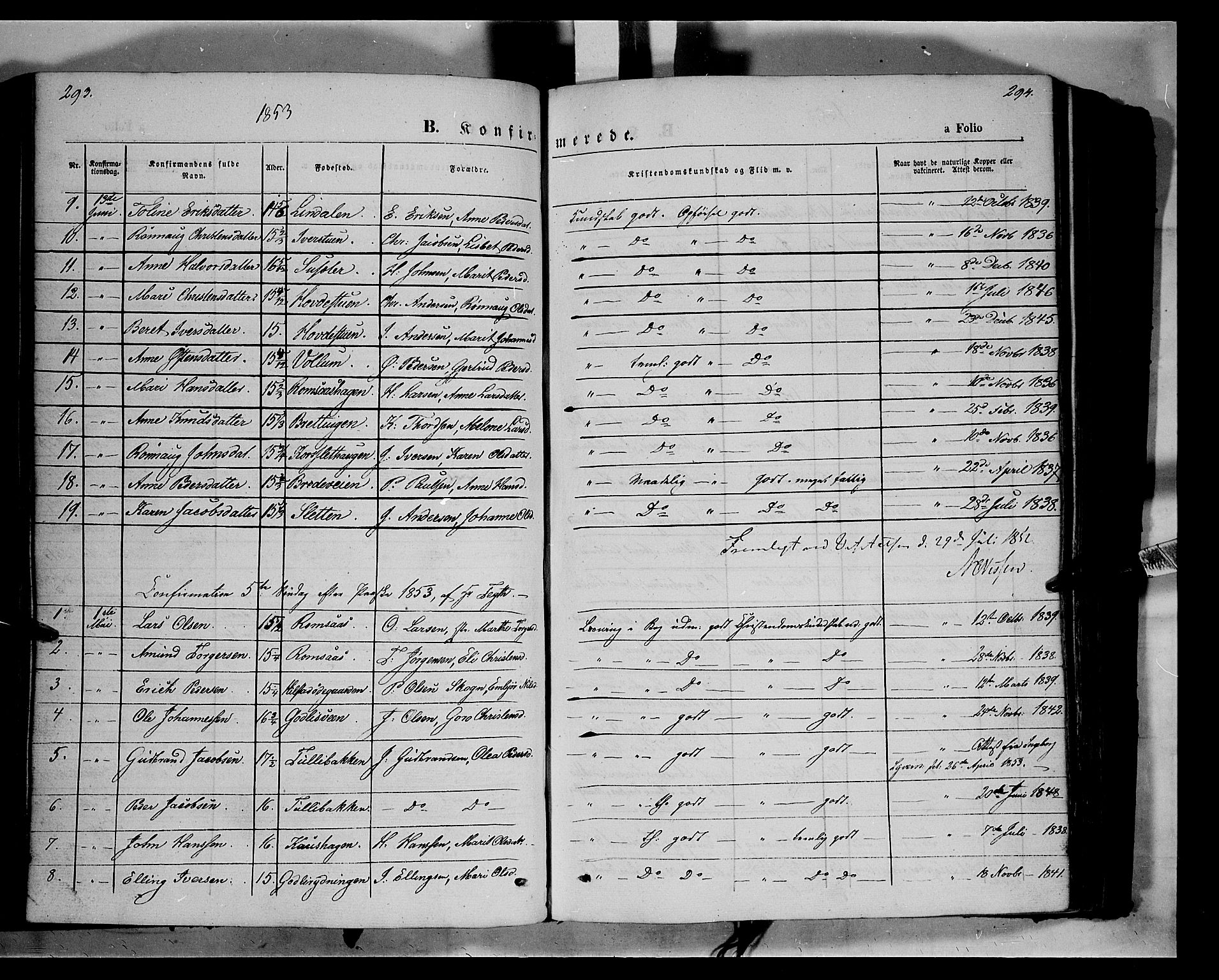 Ringebu prestekontor, AV/SAH-PREST-082/H/Ha/Haa/L0006: Parish register (official) no. 6, 1848-1859, p. 293-294