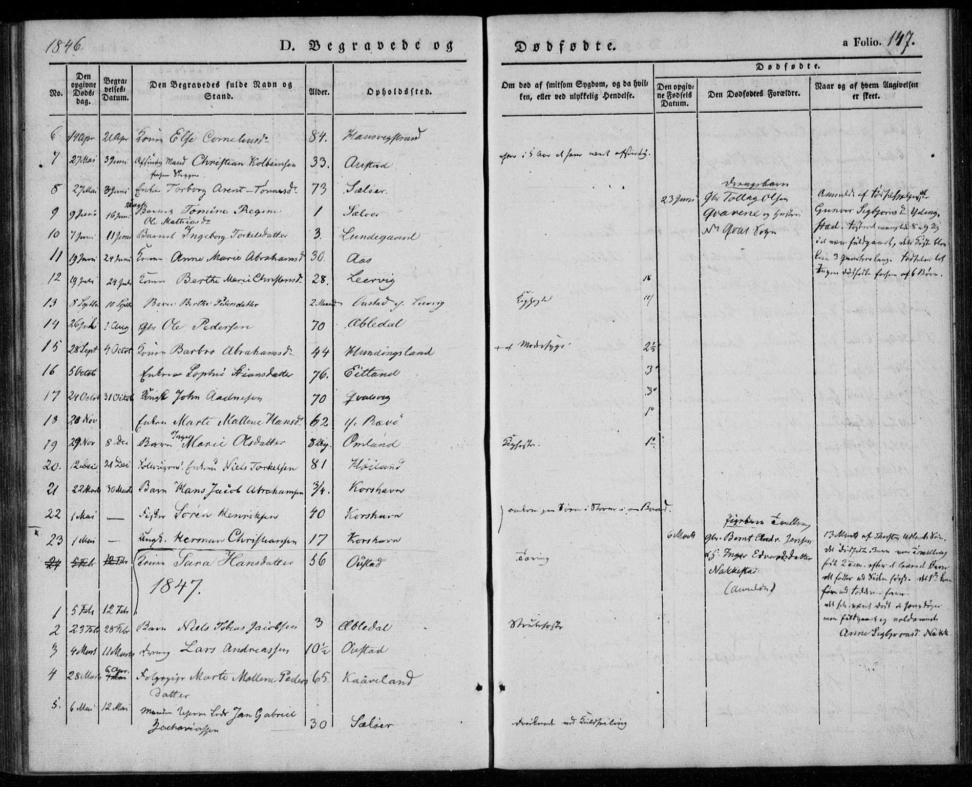 Lyngdal sokneprestkontor, AV/SAK-1111-0029/F/Fa/Faa/L0001: Parish register (official) no. A 1, 1837-1857, p. 147