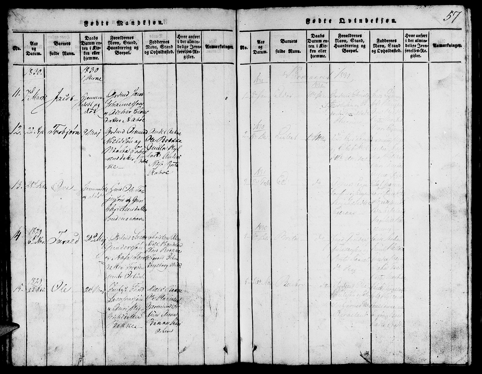 Suldal sokneprestkontor, SAST/A-101845/01/V/L0002: Parish register (copy) no. B 2, 1816-1845, p. 57