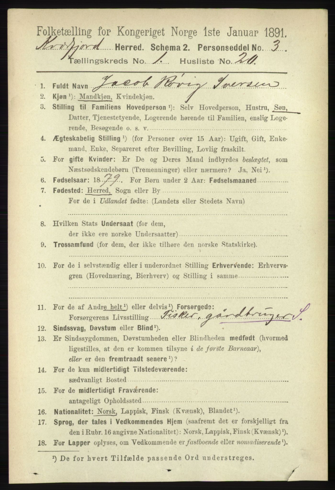 RA, 1891 census for 1911 Kvæfjord, 1891, p. 225