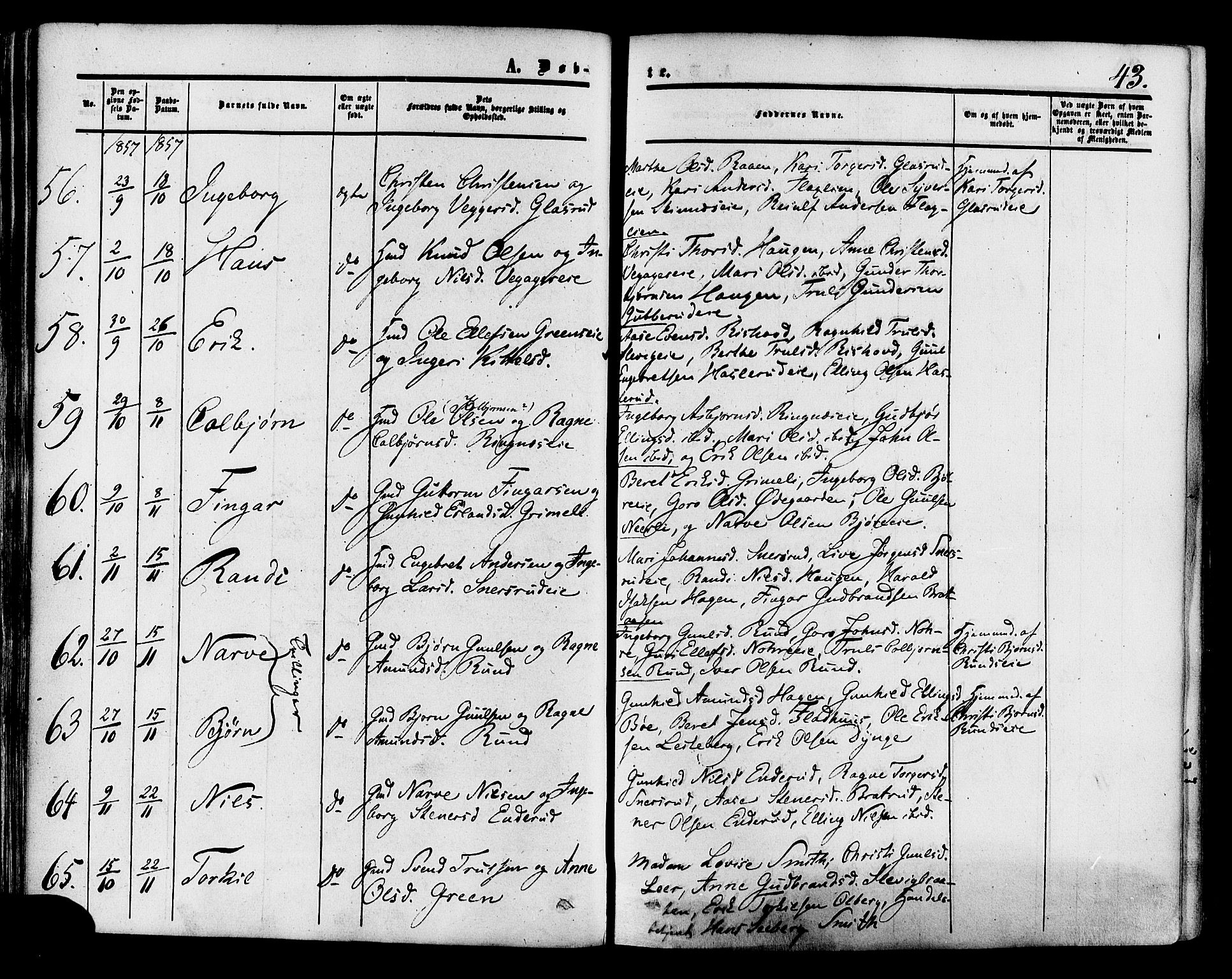 Krødsherad kirkebøker, AV/SAKO-A-19/F/Fa/L0003: Parish register (official) no. 3, 1851-1872, p. 43