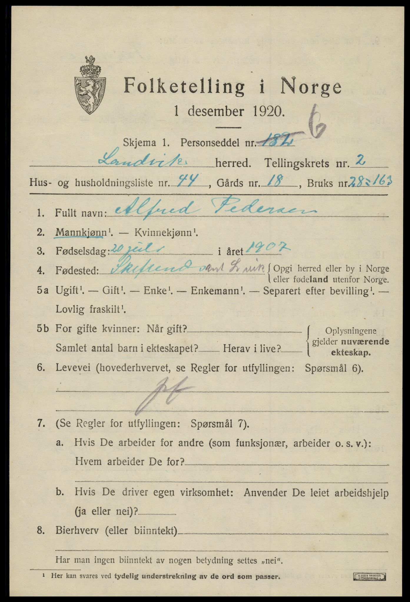 SAK, 1920 census for Landvik, 1920, p. 2130