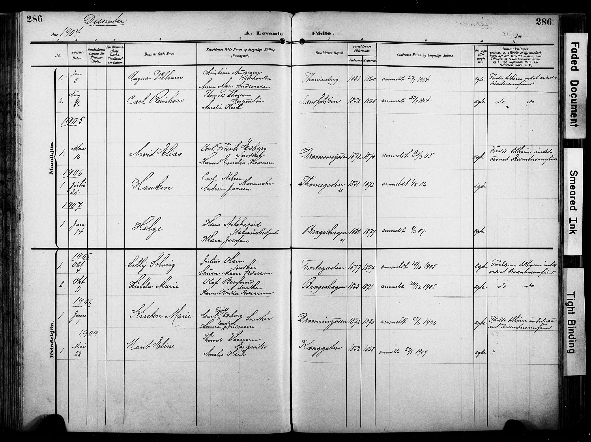 Bragernes kirkebøker, SAKO/A-6/F/Fb/L0009: Parish register (official) no. II 9, 1902-1911, p. 286