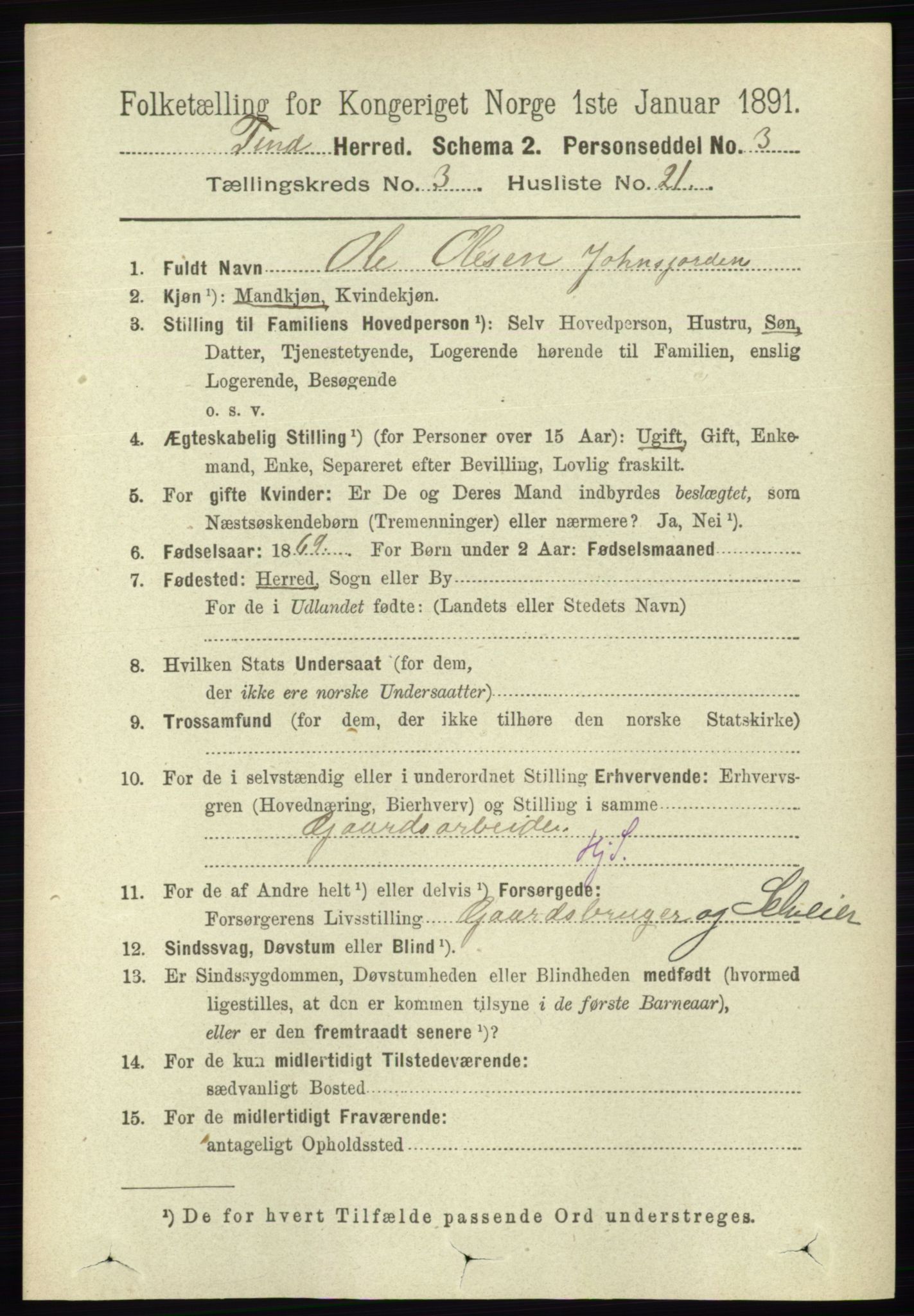 RA, 1891 census for 0826 Tinn, 1891, p. 611