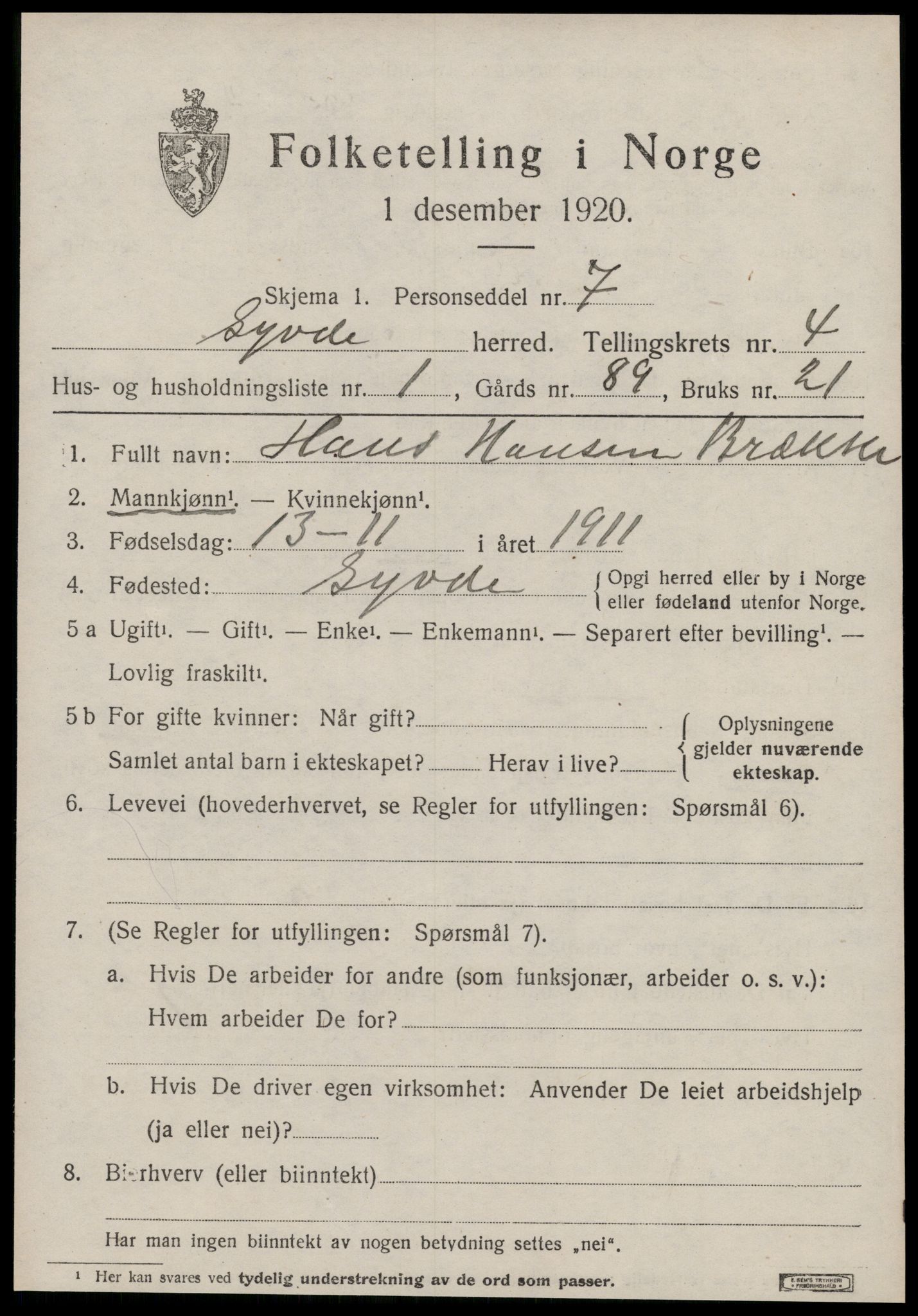 SAT, 1920 census for Syvde, 1920, p. 1354