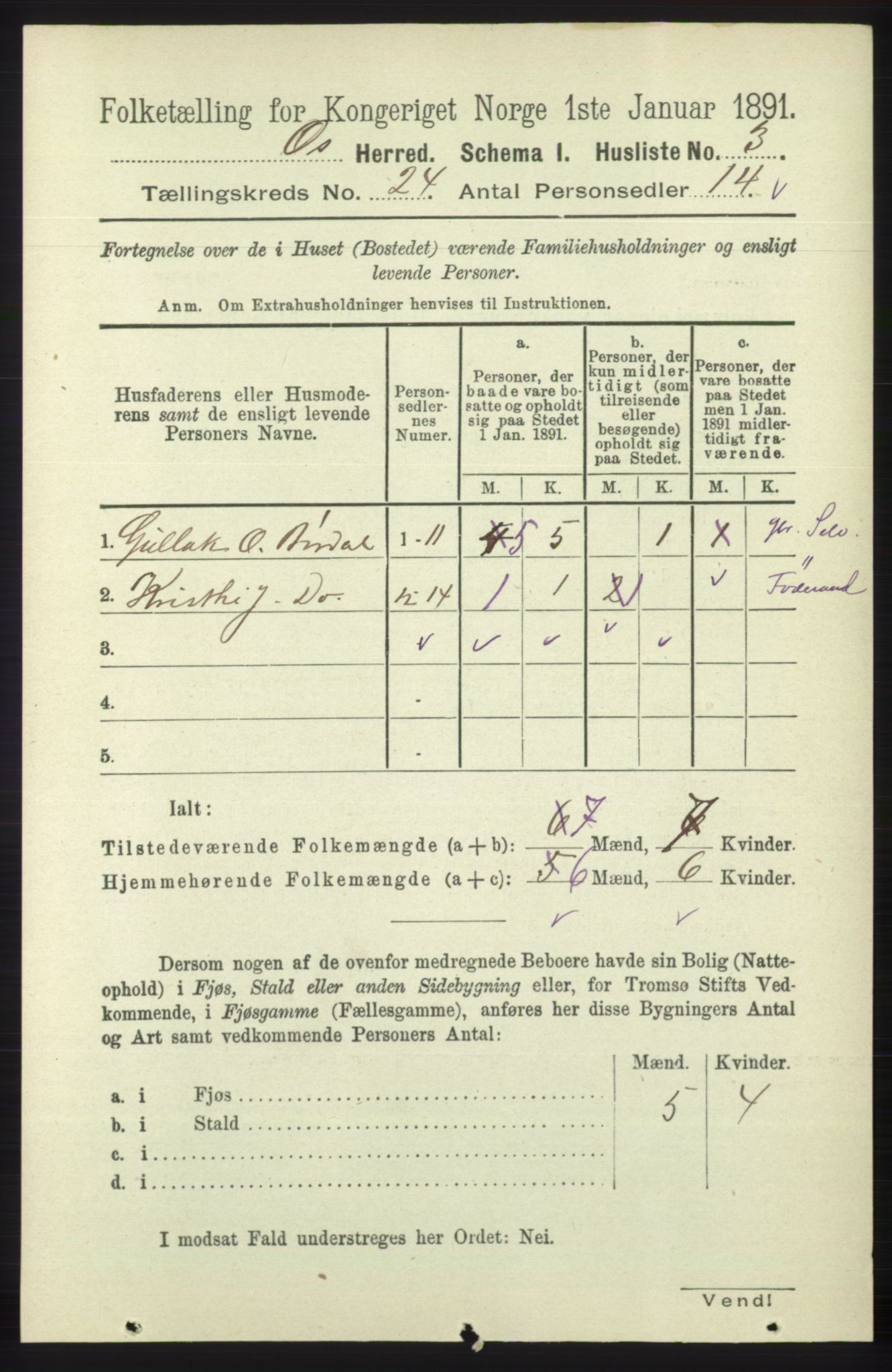 RA, 1891 census for 1243 Os, 1891, p. 5190