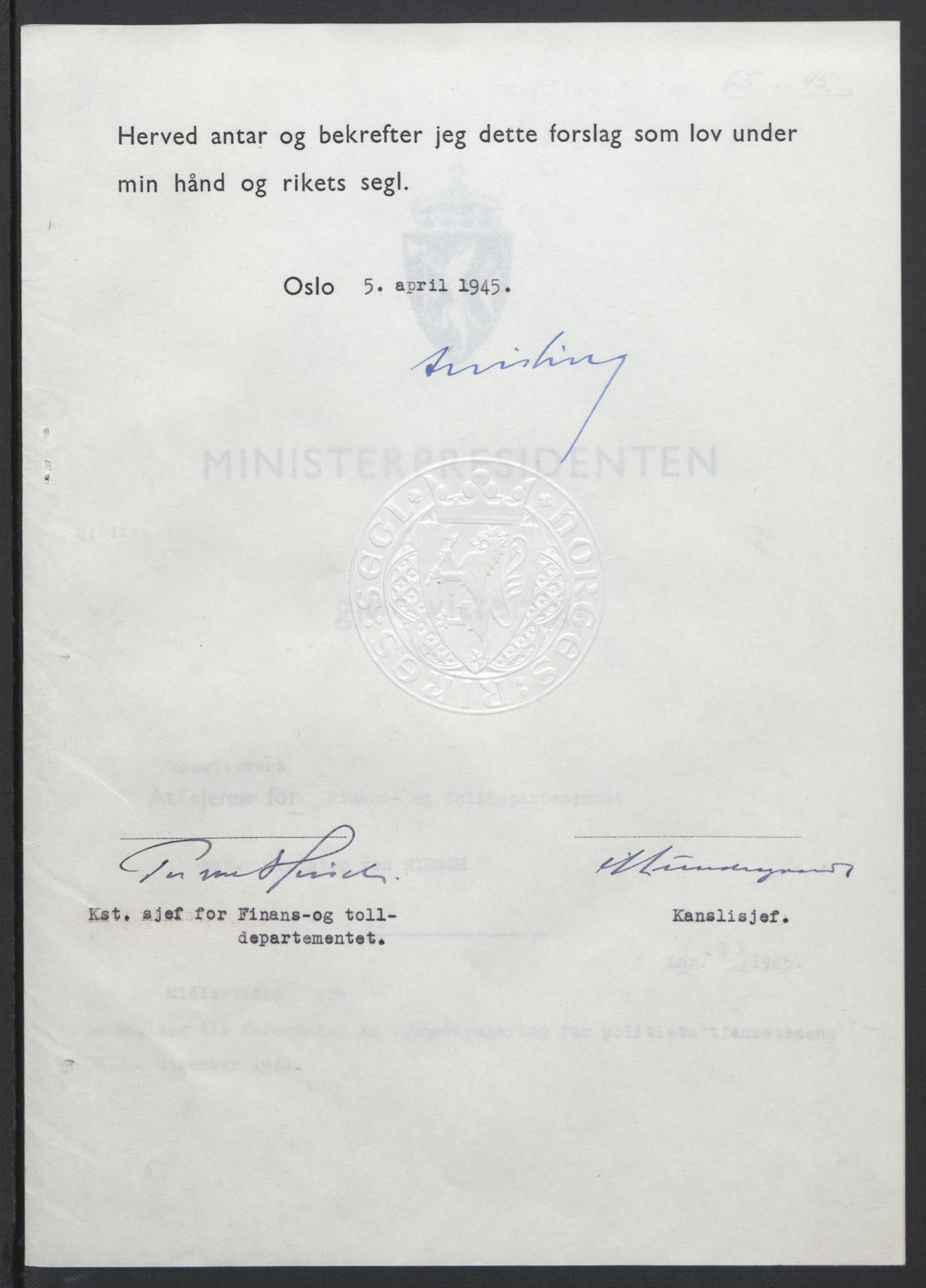 NS-administrasjonen 1940-1945 (Statsrådsekretariatet, de kommisariske statsråder mm), RA/S-4279/D/Db/L0101/0001: -- / Lover og vedtak, 1945, p. 140
