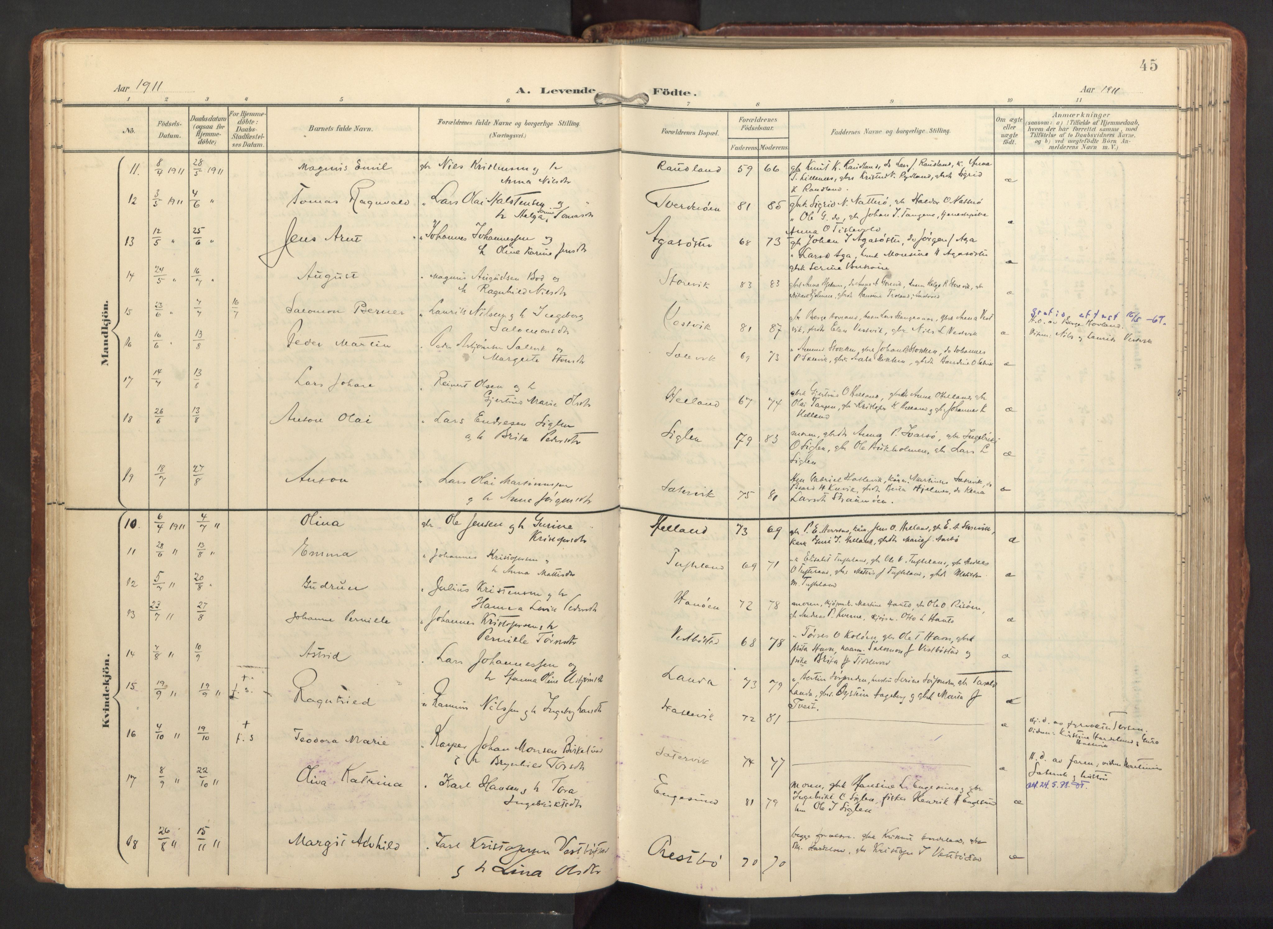 Fitjar sokneprestembete, AV/SAB-A-99926: Parish register (official) no. A 3, 1900-1918, p. 45