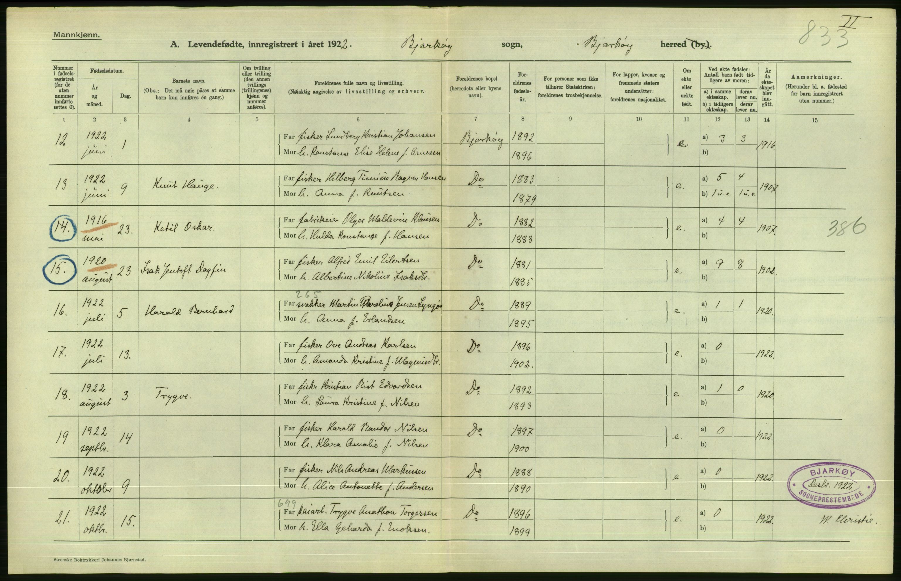 Statistisk sentralbyrå, Sosiodemografiske emner, Befolkning, AV/RA-S-2228/D/Df/Dfc/Dfcb/L0047: Troms fylke: Levendefødte menn og kvinner. Bygder og byer., 1922, p. 120