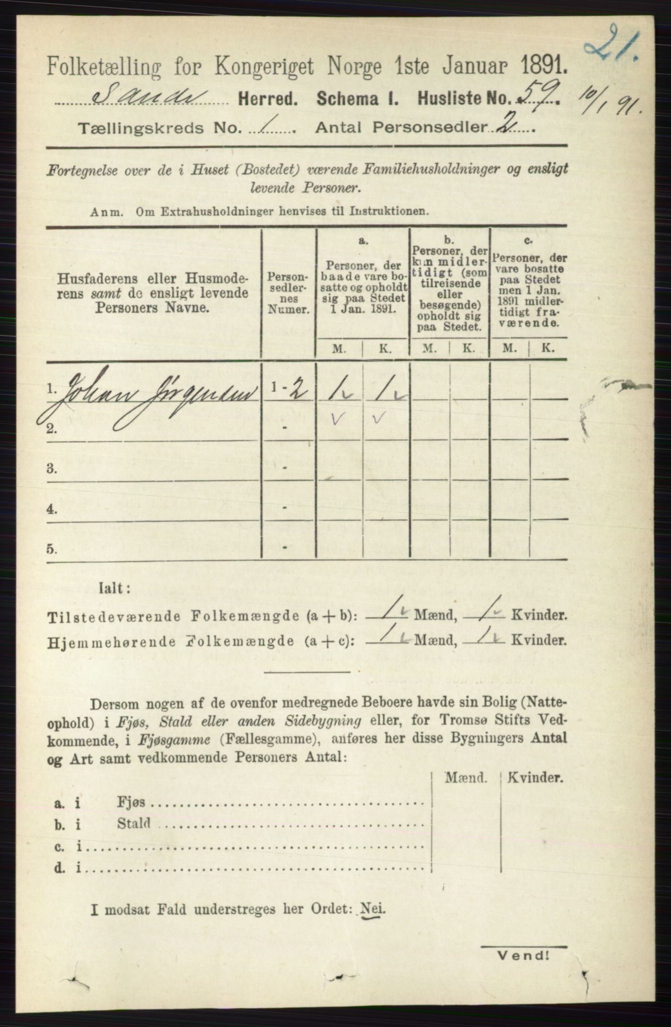 RA, 1891 census for 0713 Sande, 1891, p. 85