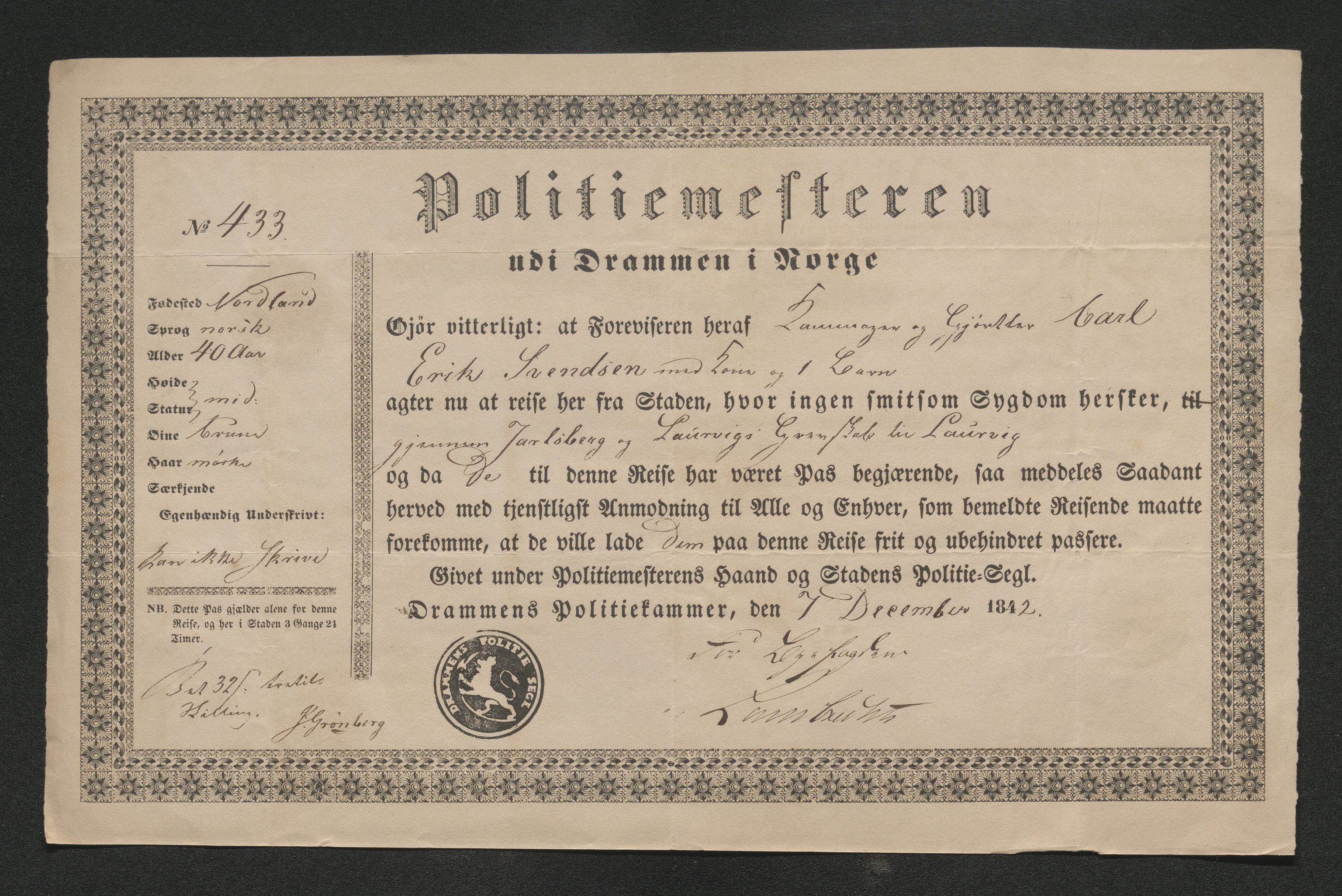 Drammen politikammer, AV/SAKO-A-623/I/Ia/Iab/L0007: Innleverte pass, 1843-1844, p. 109