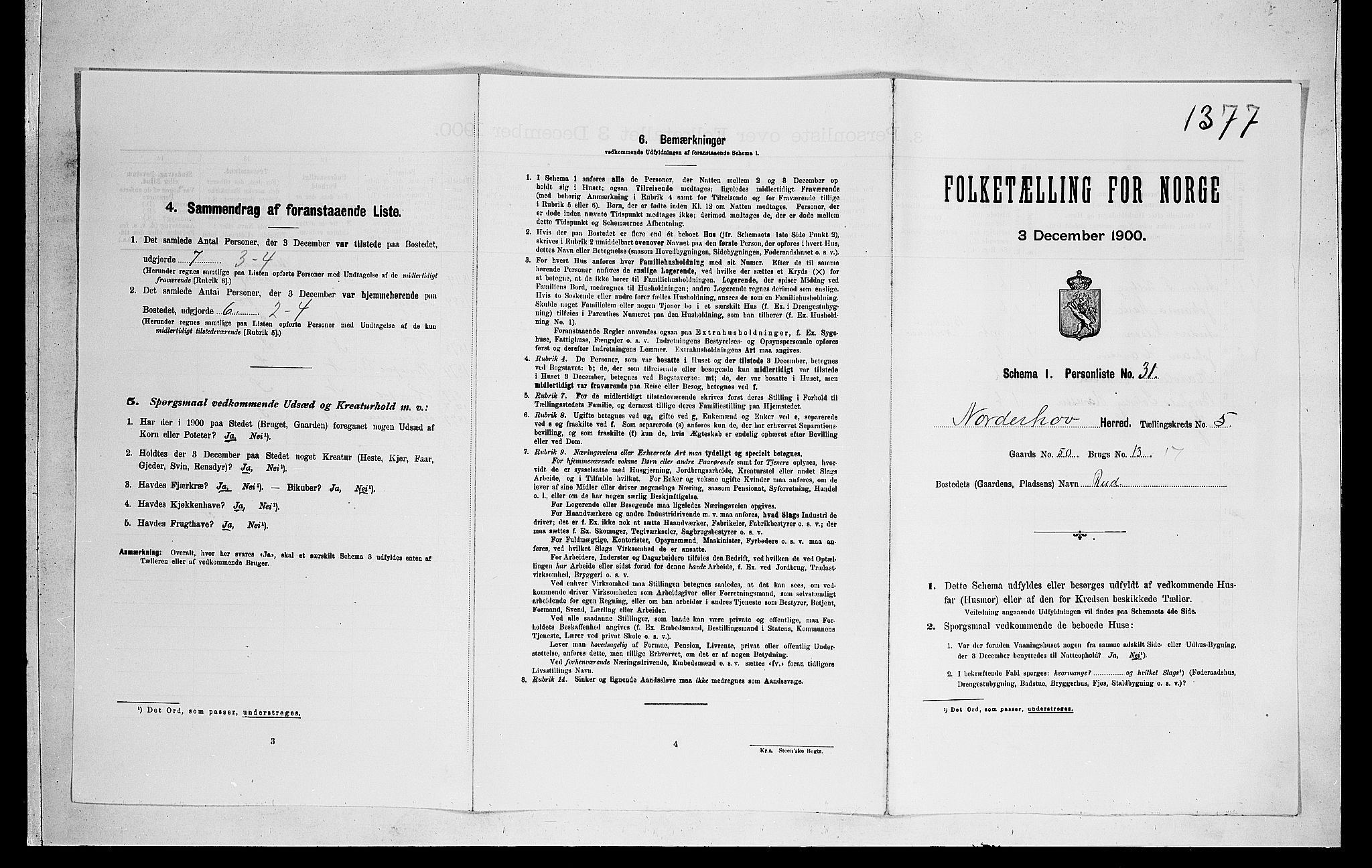 RA, 1900 census for Norderhov, 1900, p. 1291