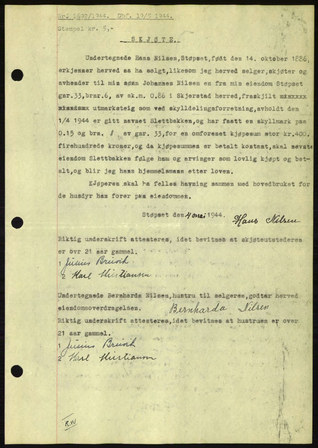 Salten sorenskriveri, AV/SAT-A-4578/1/2/2C: Mortgage book no. A14-15, 1943-1945, Diary no: : 1692/1944