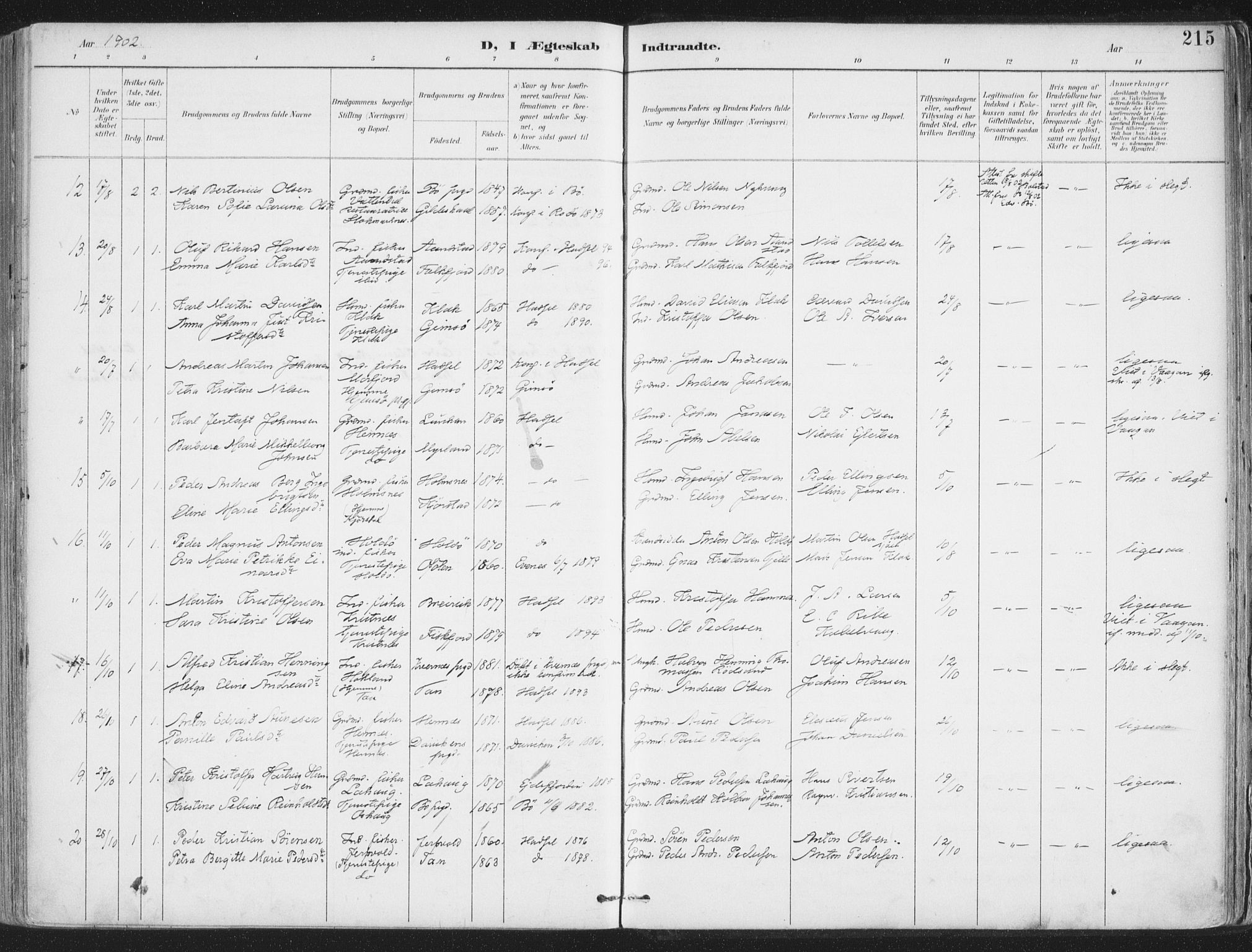 Ministerialprotokoller, klokkerbøker og fødselsregistre - Nordland, SAT/A-1459/888/L1246: Parish register (official) no. 888A12, 1891-1903, p. 215