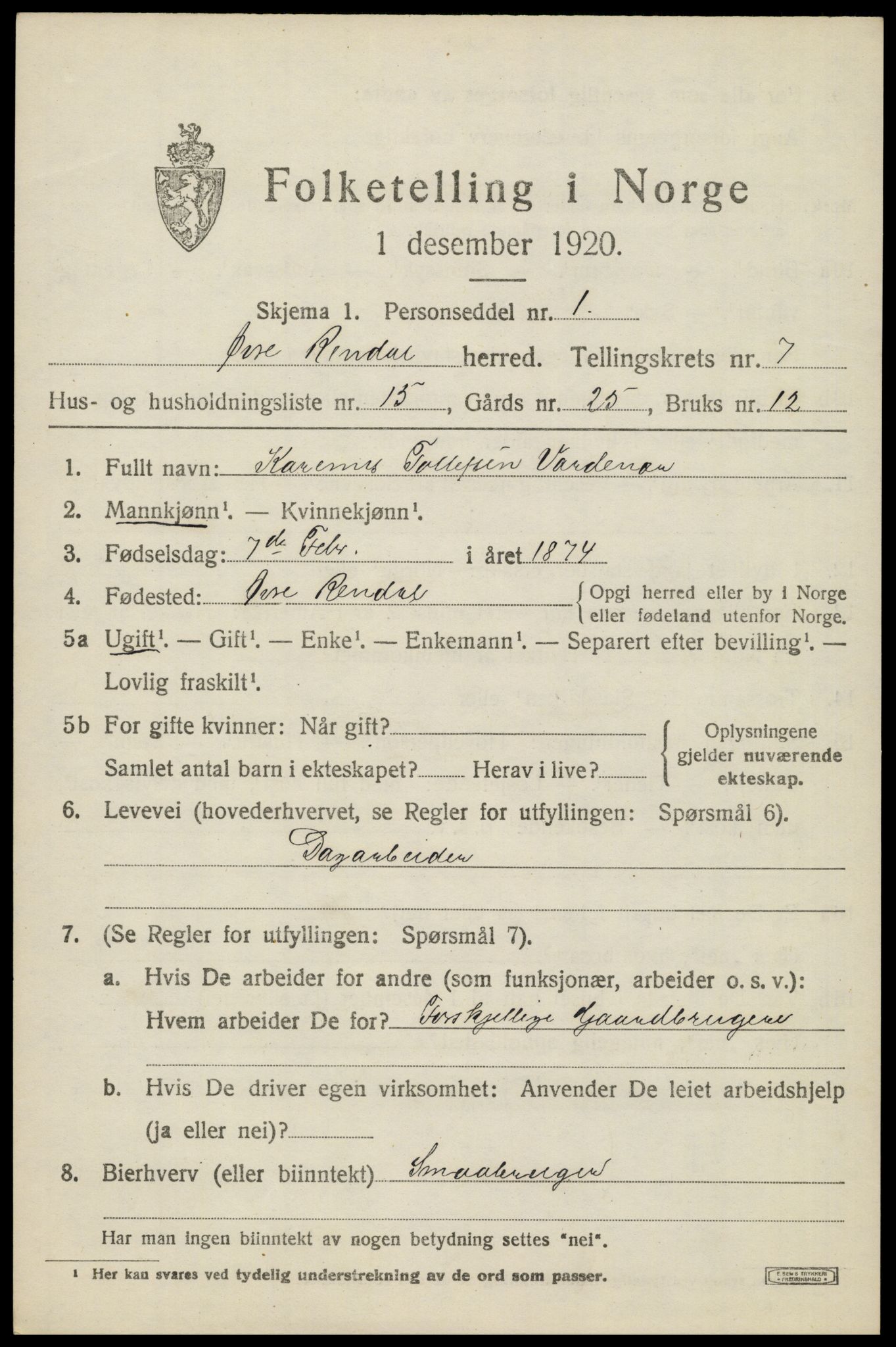 SAH, 1920 census for Øvre Rendal, 1920, p. 2567