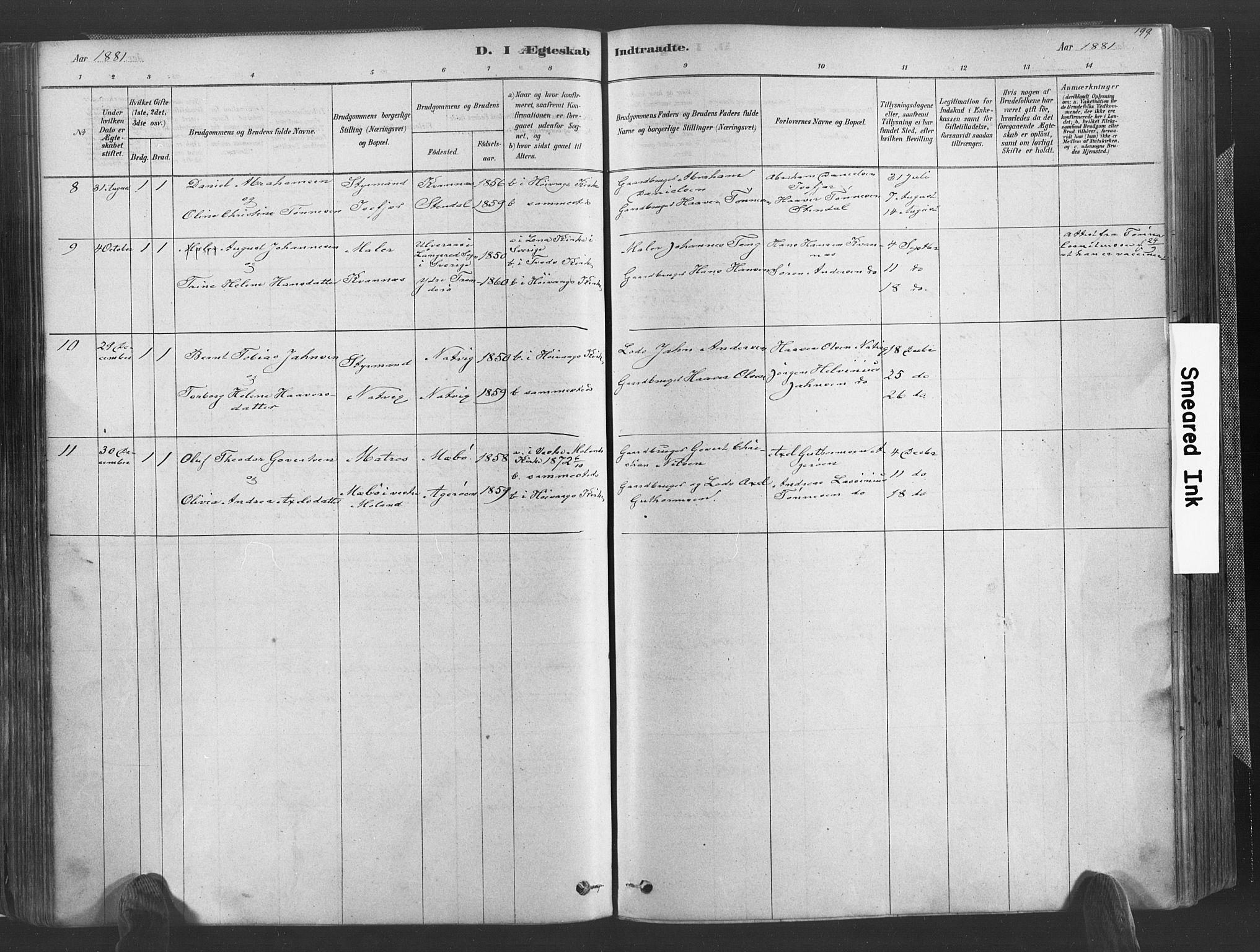 Høvåg sokneprestkontor, SAK/1111-0025/F/Fa/L0005: Parish register (official) no. A 5, 1878-1893, p. 199