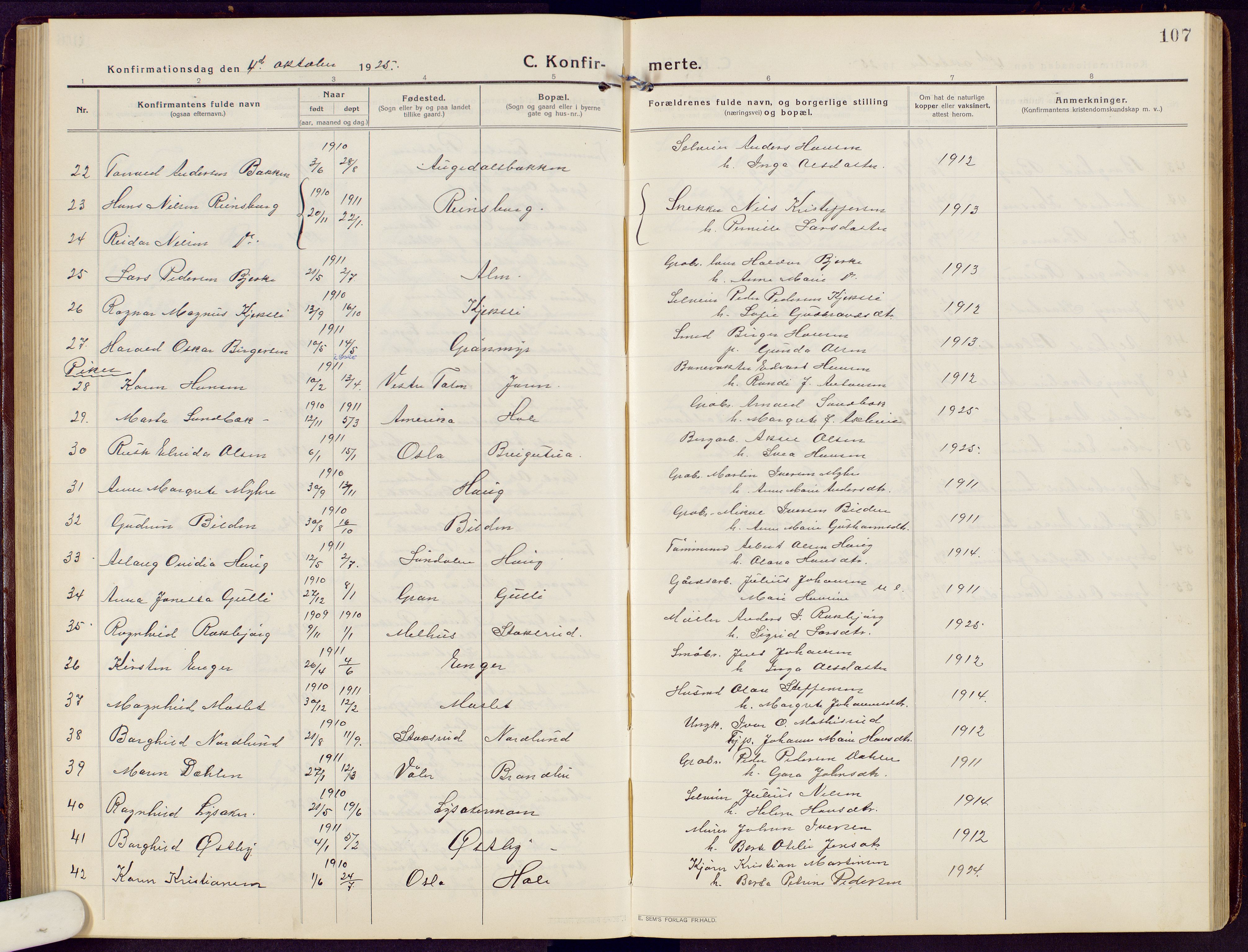 Brandbu prestekontor, SAH/PREST-114/H/Ha/Hab/L0010: Parish register (copy) no. 10, 1916-1930, p. 107