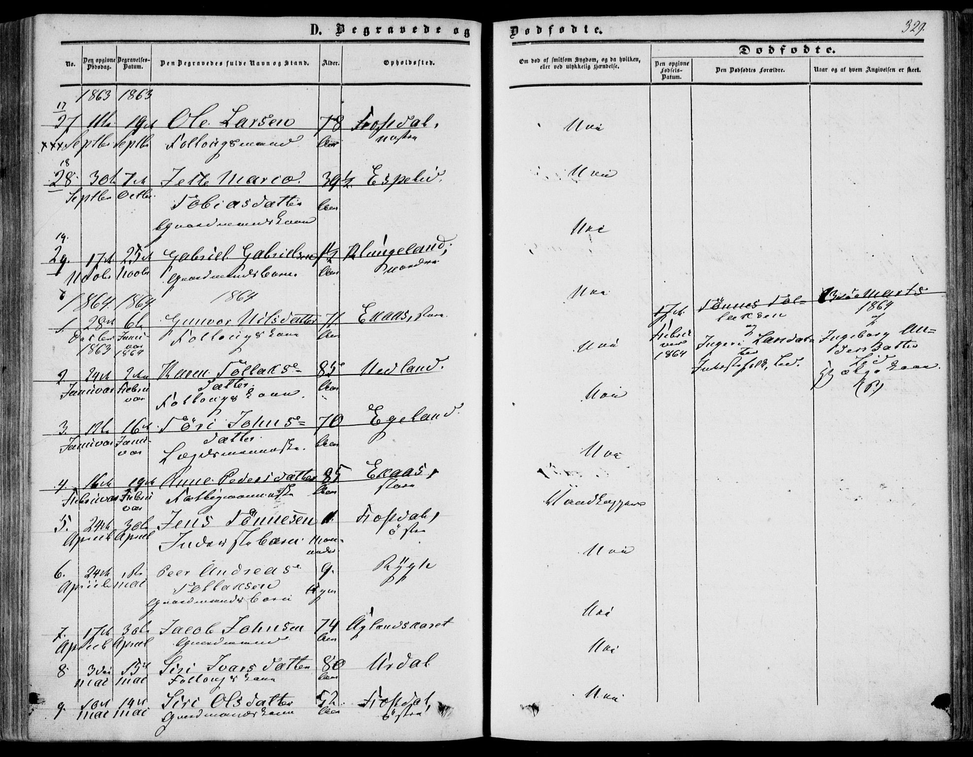 Bakke sokneprestkontor, SAK/1111-0002/F/Fa/Fab/L0002: Parish register (official) no. A 2, 1855-1884, p. 329