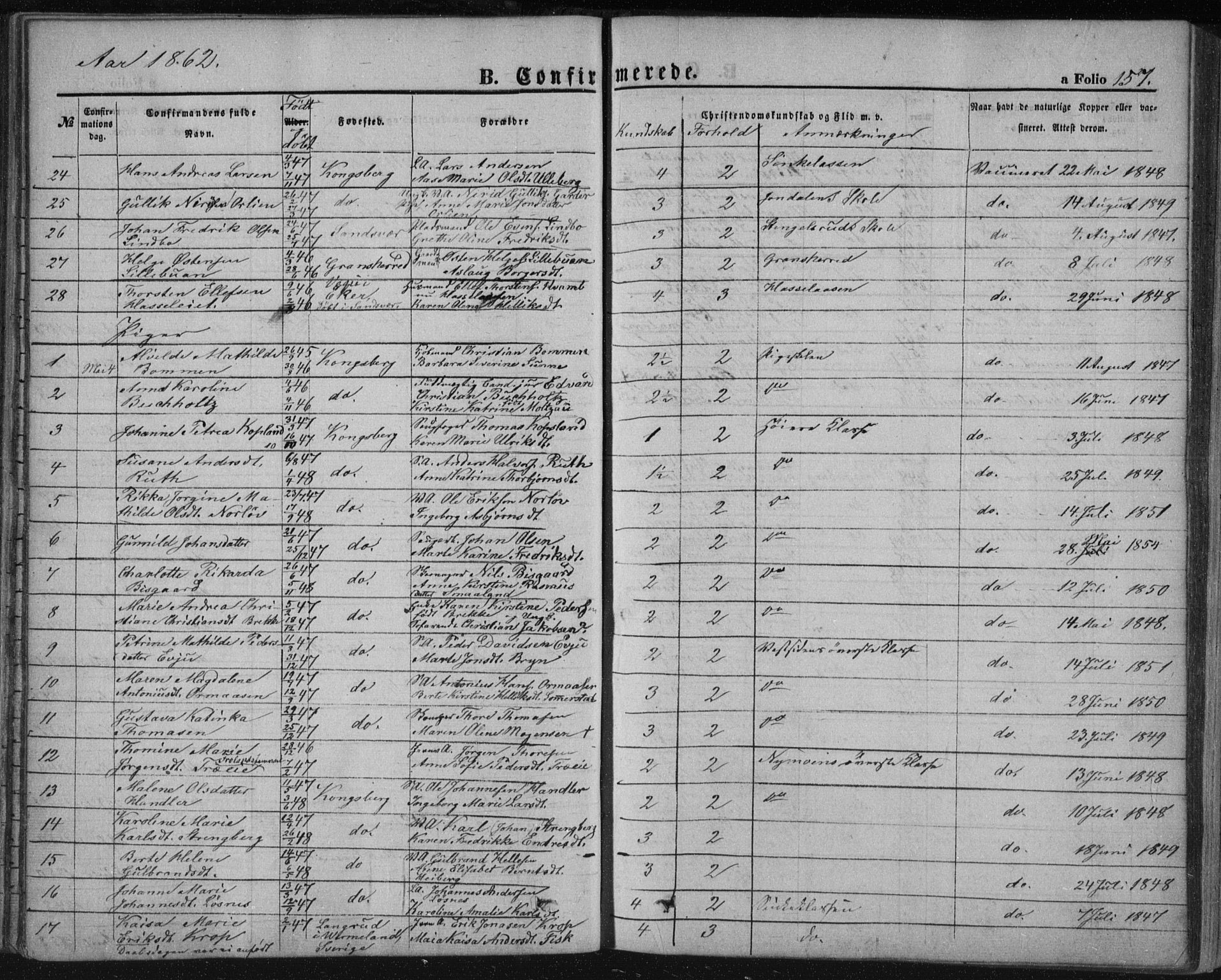 Kongsberg kirkebøker, AV/SAKO-A-22/F/Fa/L0010: Parish register (official) no. I 10, 1859-1875, p. 157