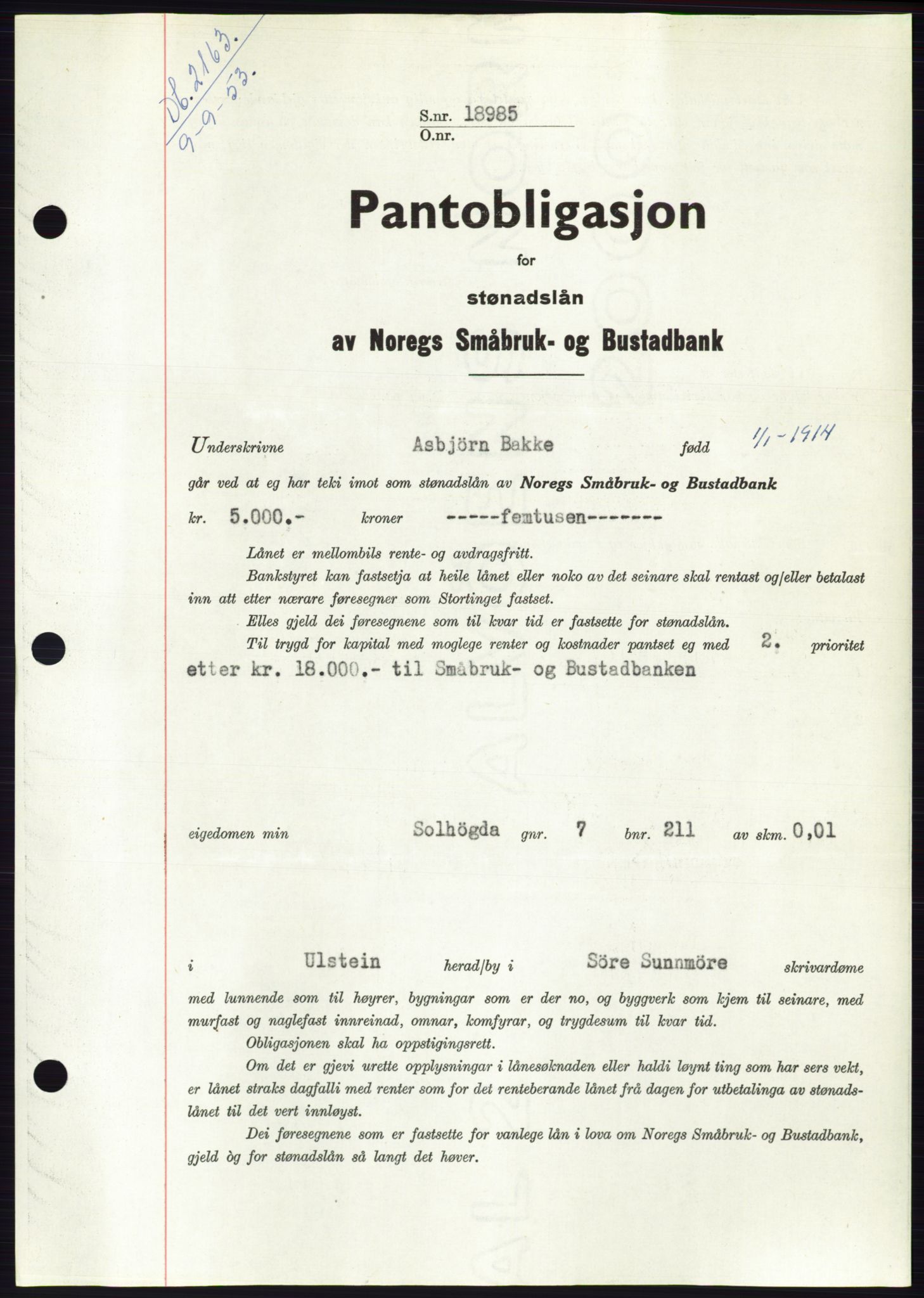Søre Sunnmøre sorenskriveri, SAT/A-4122/1/2/2C/L0123: Mortgage book no. 11B, 1953-1953, Diary no: : 2163/1953