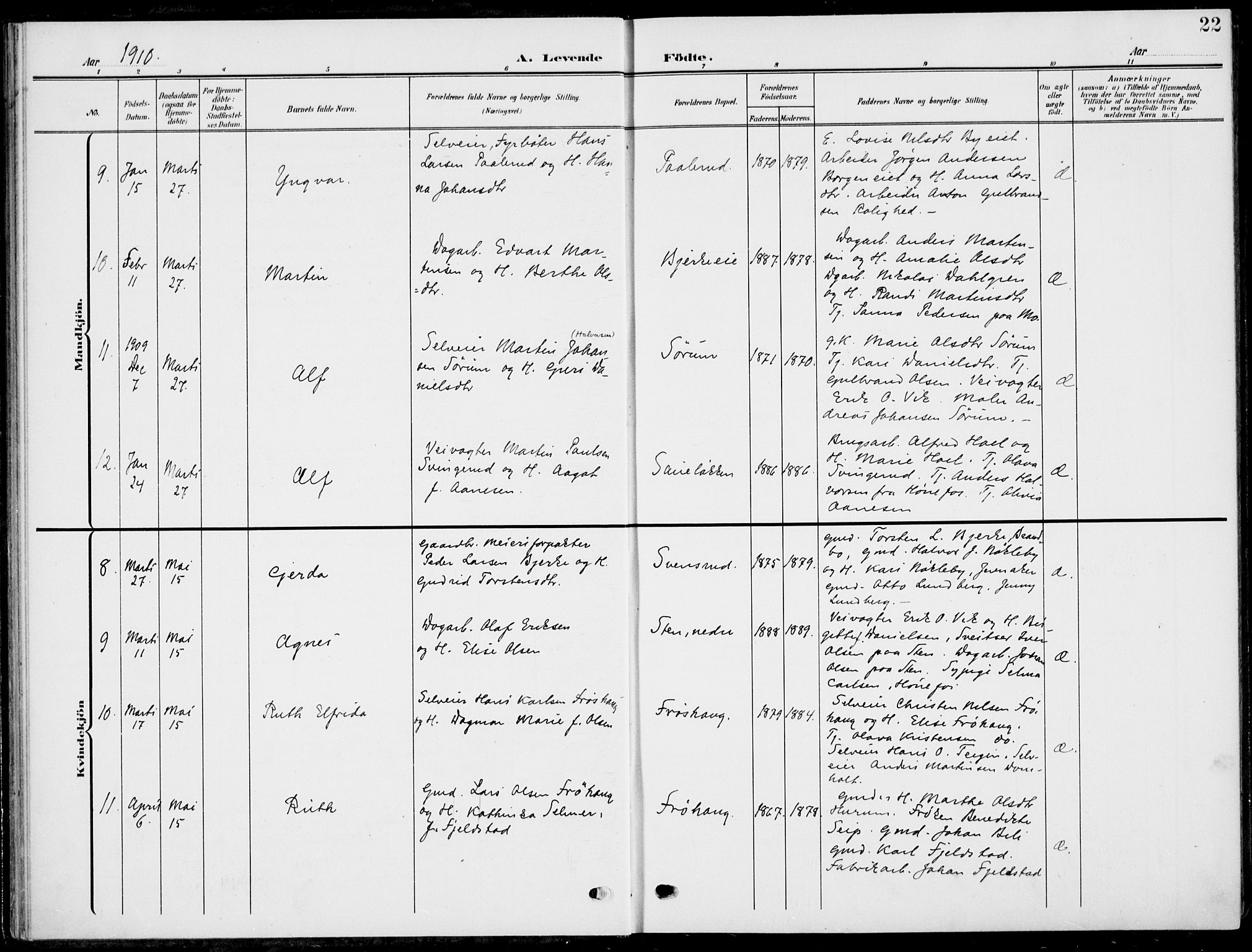 Hole kirkebøker, AV/SAKO-A-228/F/Fa/L0010: Parish register (official) no. I 10, 1907-1917, p. 22